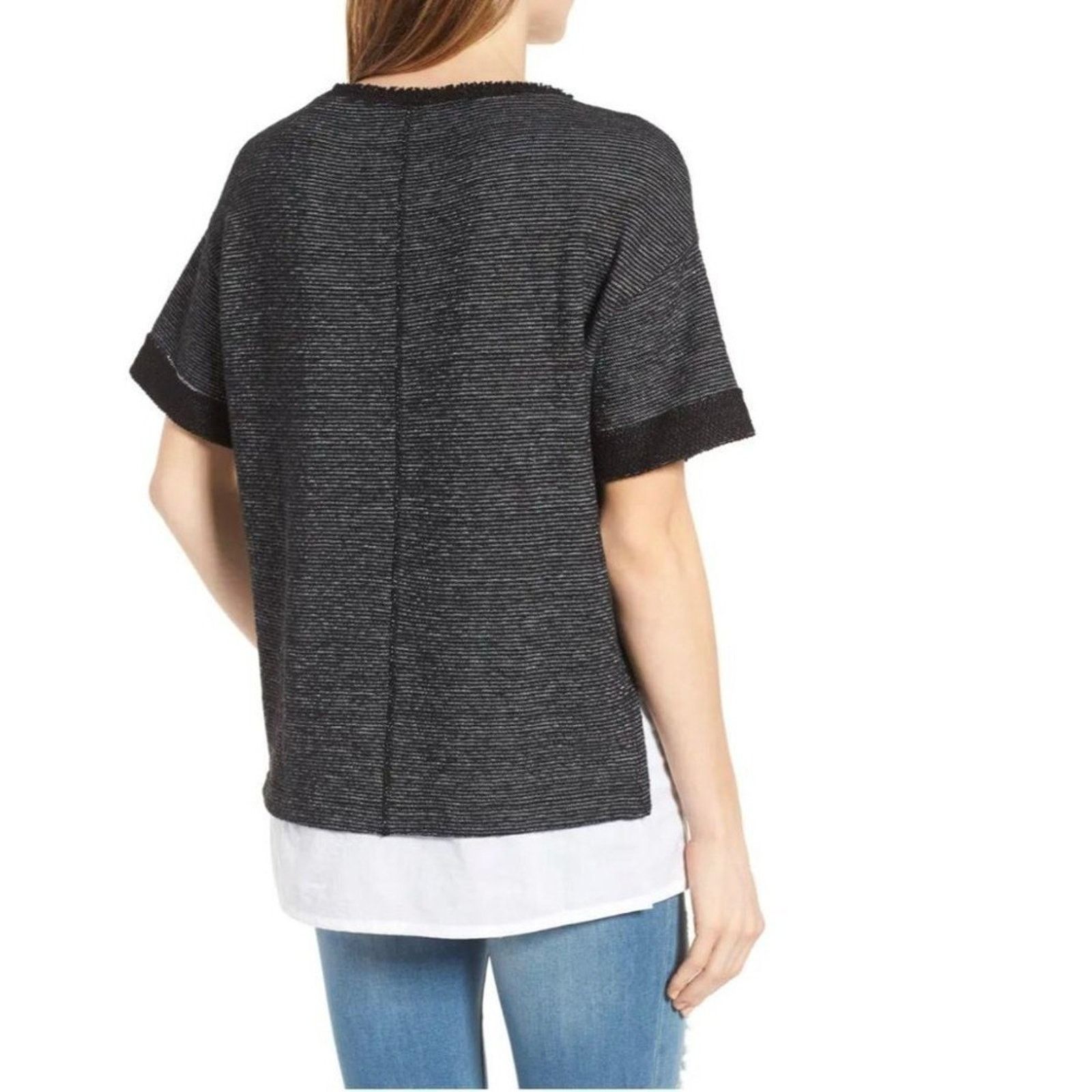 Other Caslon Black White Crewneck Woven Hem Stripe Texture Top M Size M / US 6-8 / IT 42-44 - 2 Thumbnail