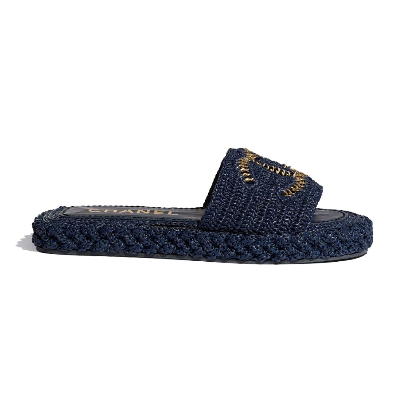 Chanel Chanel 21C Navy Blue Cord Gold Chain CC Logo Mule Slide Size US 7 / IT 37 - 1 Thumbnail
