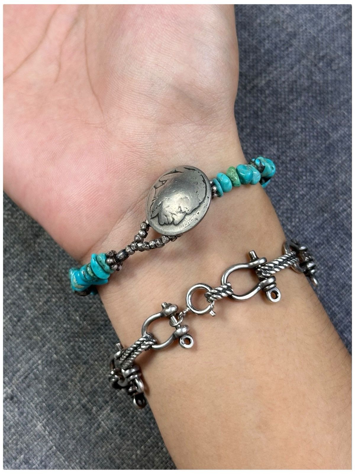 Vintage TURQUOISE AND STERLING SILVER BEADS WITH INDIAN HEAD CLASP Size ONE SIZE - 4 Thumbnail