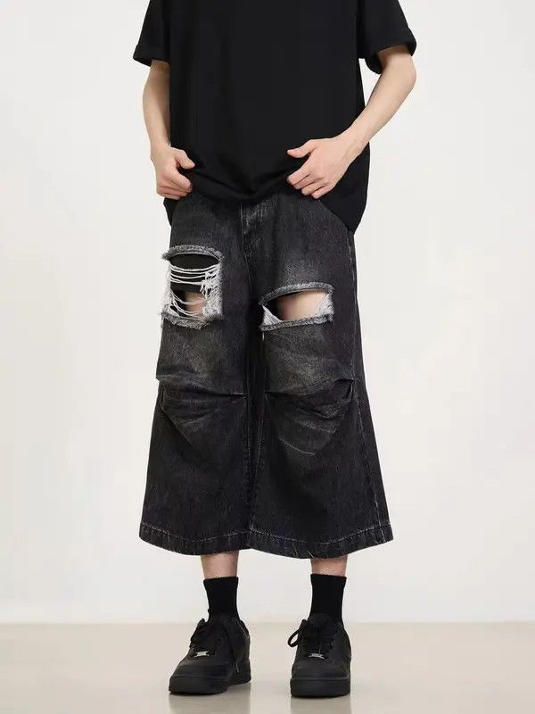Japanese Brand VIBE Washed ripped and pleated black baggy denim shorts Size US 32 / EU 48 - 4 Thumbnail