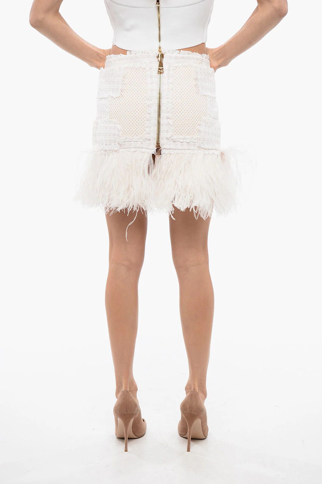 Balmain og1mm0326 Tweed Mini Skirt in White Size 42" / US 20 - 2 Thumbnail