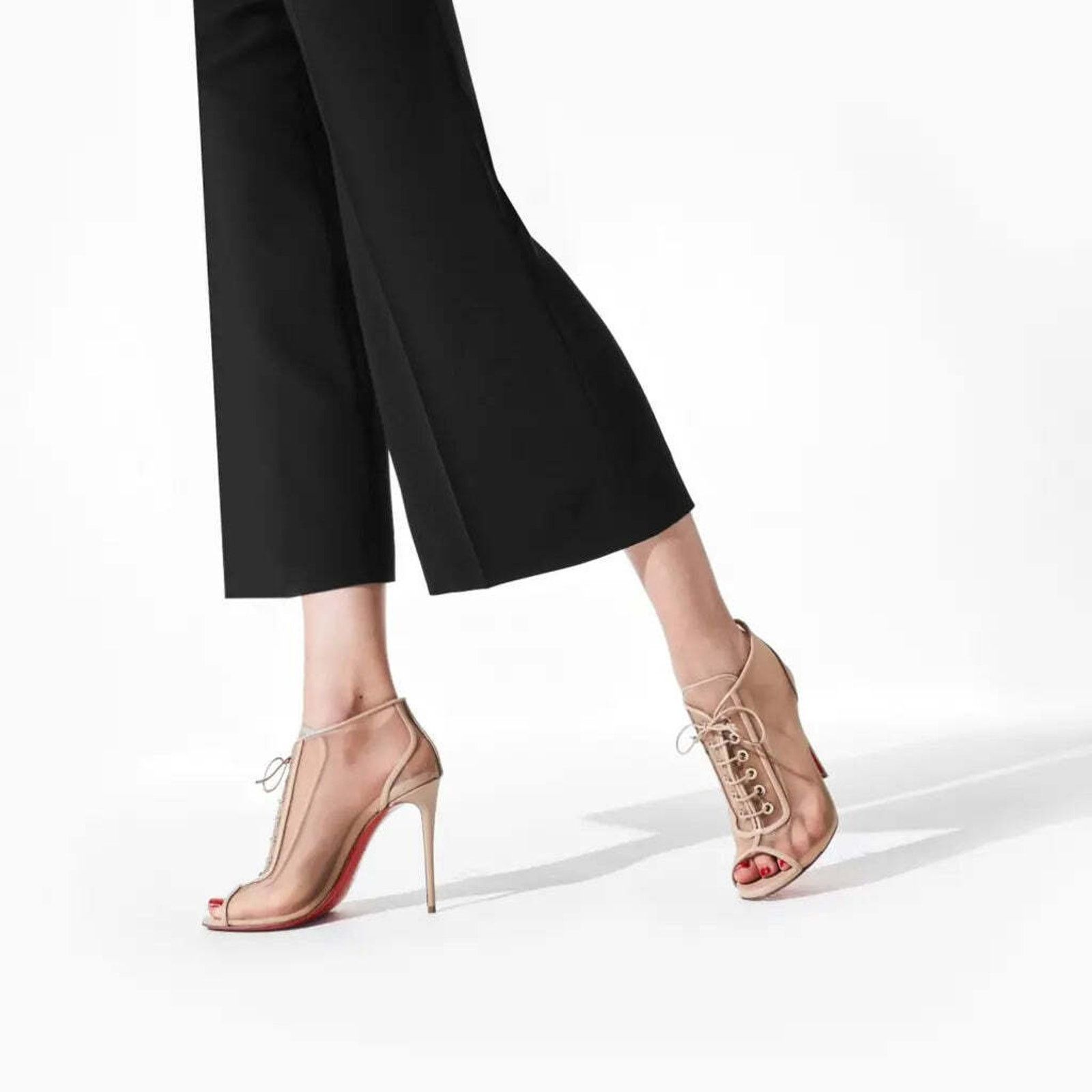 Christian Louboutin Open Ondessa 100 Nude Mesh Lace Up Tie Ankle Heel Bootie 40 Size US 10 / IT 40 - 3 Thumbnail