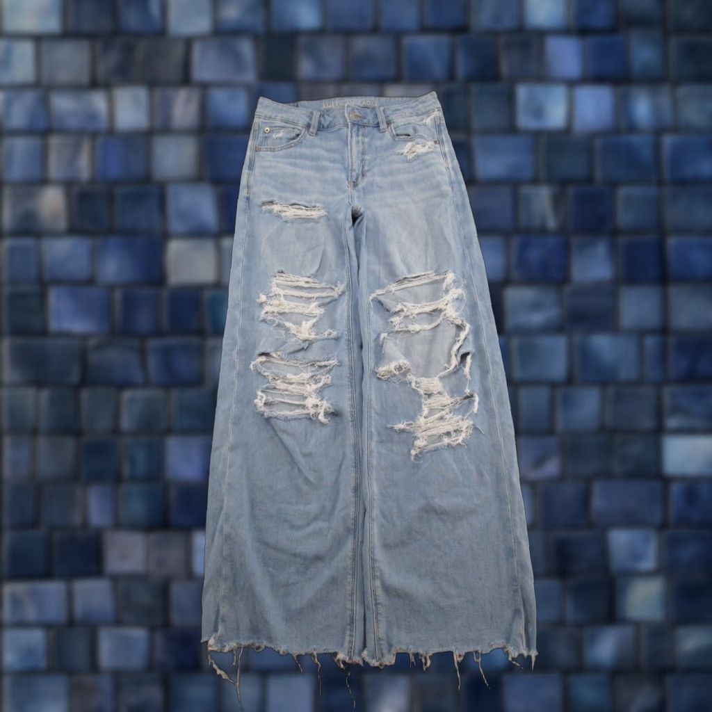 American Eagle Outfitters VINTAGE American Eagle Outfitters Jeans Womens Size 2 Distressed Wide-Leg 90s Blue Denim 5-Pocket Rise High Baggy Relaxed Straight Size 26" / US 2 / IT 38 - 1 Thumbnail