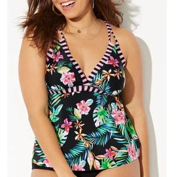 Vintage Swimsuits for All 16 Tropical Floral Pink Black Striped Tank Size XXL / US 16-18 / IT 52-54 - 6 Thumbnail