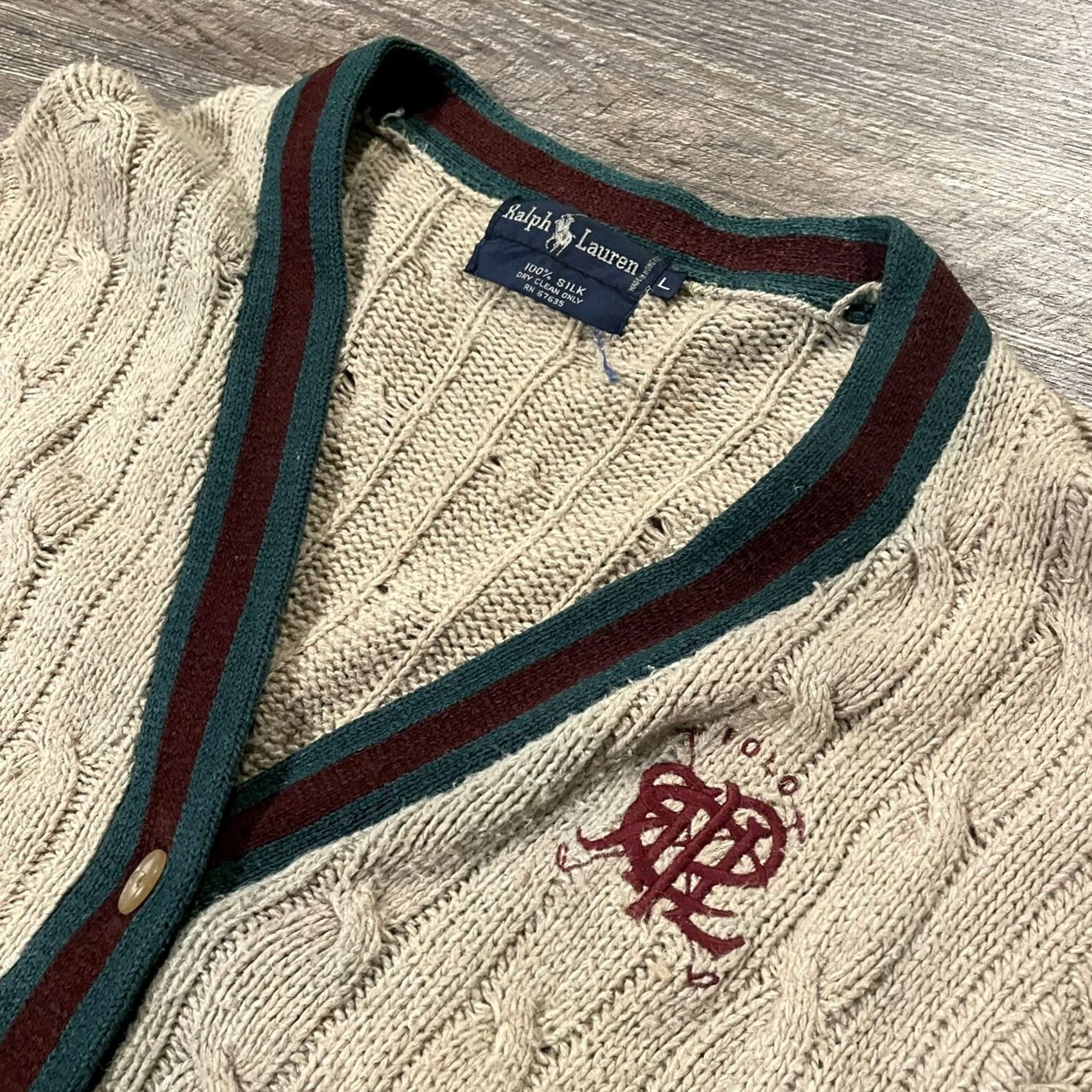 Polo Ralph Lauren VINTAGE Polo Ralph Lauren Badge Cardigan Sweater L Mens Beige Wool Silk Stadium Scribble 90s Flag Decade/Cardigan/Beige/Men/L Size US L / EU 52-54 / 3 - 2 Thumbnail