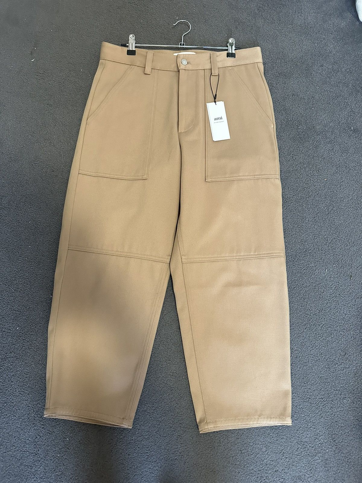 image of Ami Paris Beige Worker Fit Trousers, Men's (Size 30)