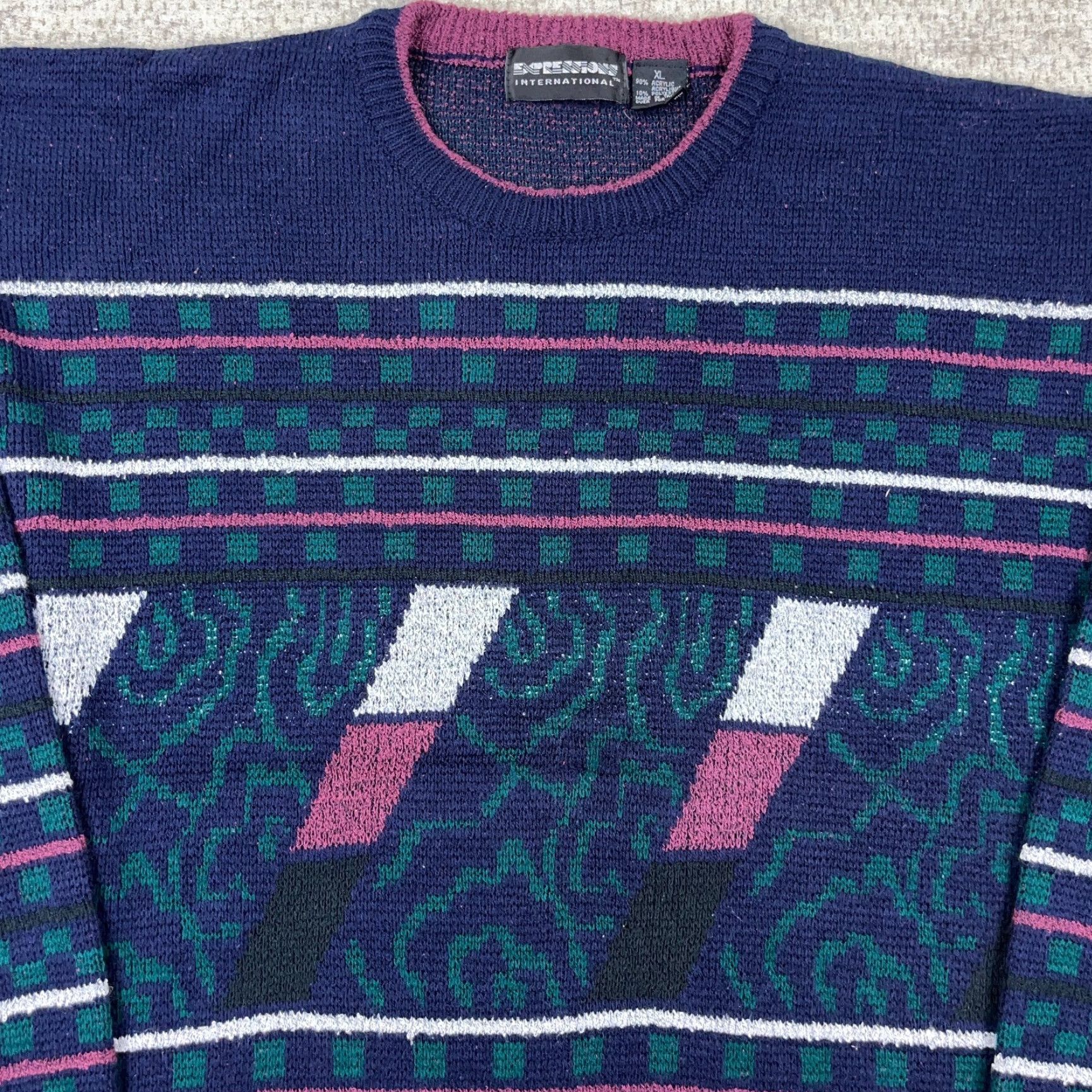Vintage VINTAGE Expressions Grandpa Sweater Men XL Purple Pink Geometric Knit Pullover 80s 90s Casual Golf Winter Size US XL / EU 56 / 4 - 2 Thumbnail
