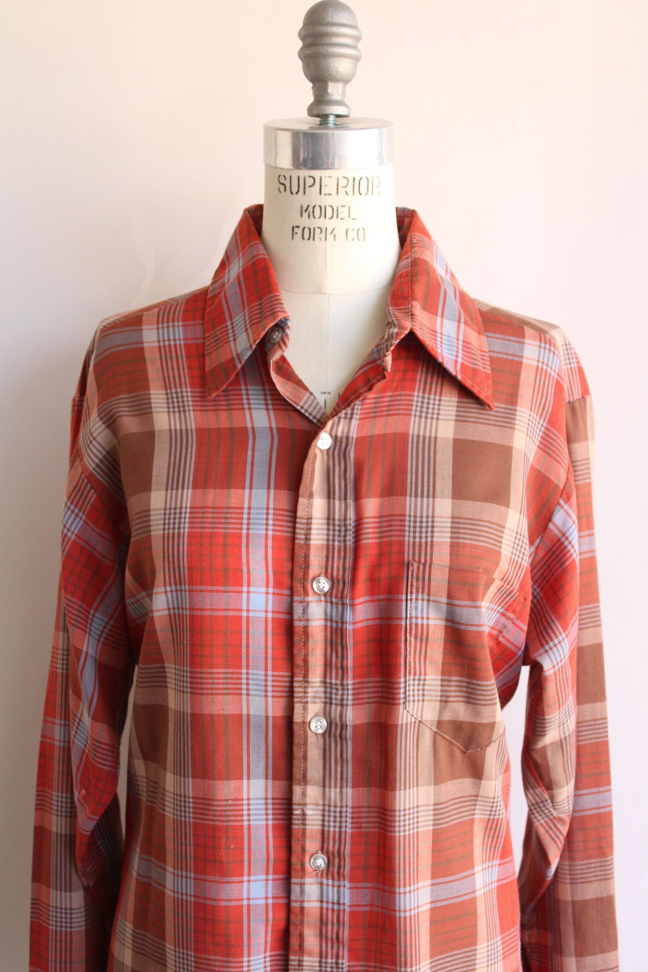 Vintage Vintage 1970s Shirt, Viking Dagger Collar Orange Plaid Trata Size L / US 10 / IT 46 - 3 Thumbnail