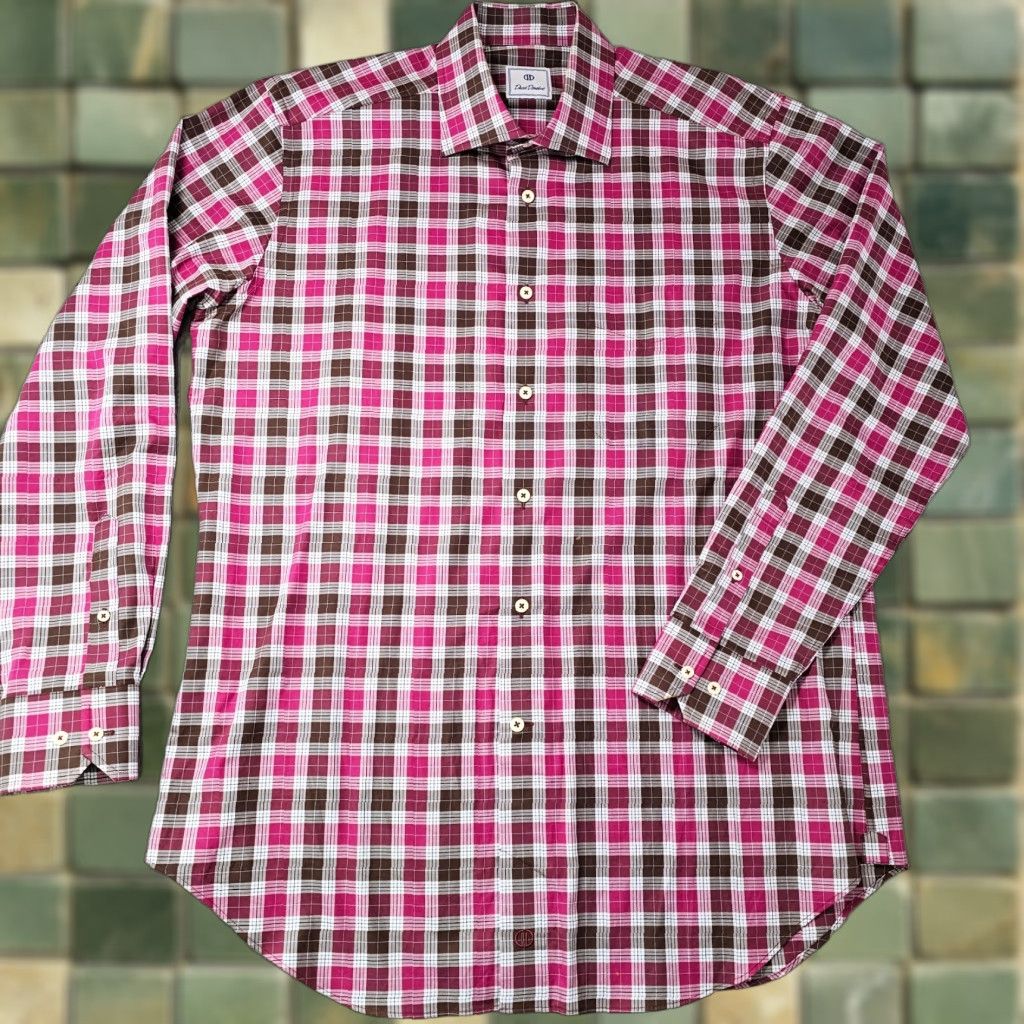David Donahue David Donahue Dress Shirt Mens Large Brown Pink Check Woven Cotton Long Sleeve Size 42R - 1 Thumbnail