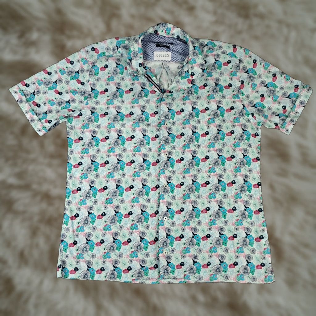 BUGATCHI Bugatchi Shirt Mens Large Blue Floral Camp Collar Shaped Fit Button Up Size US L / EU 52-54 / 3 - 1 Thumbnail