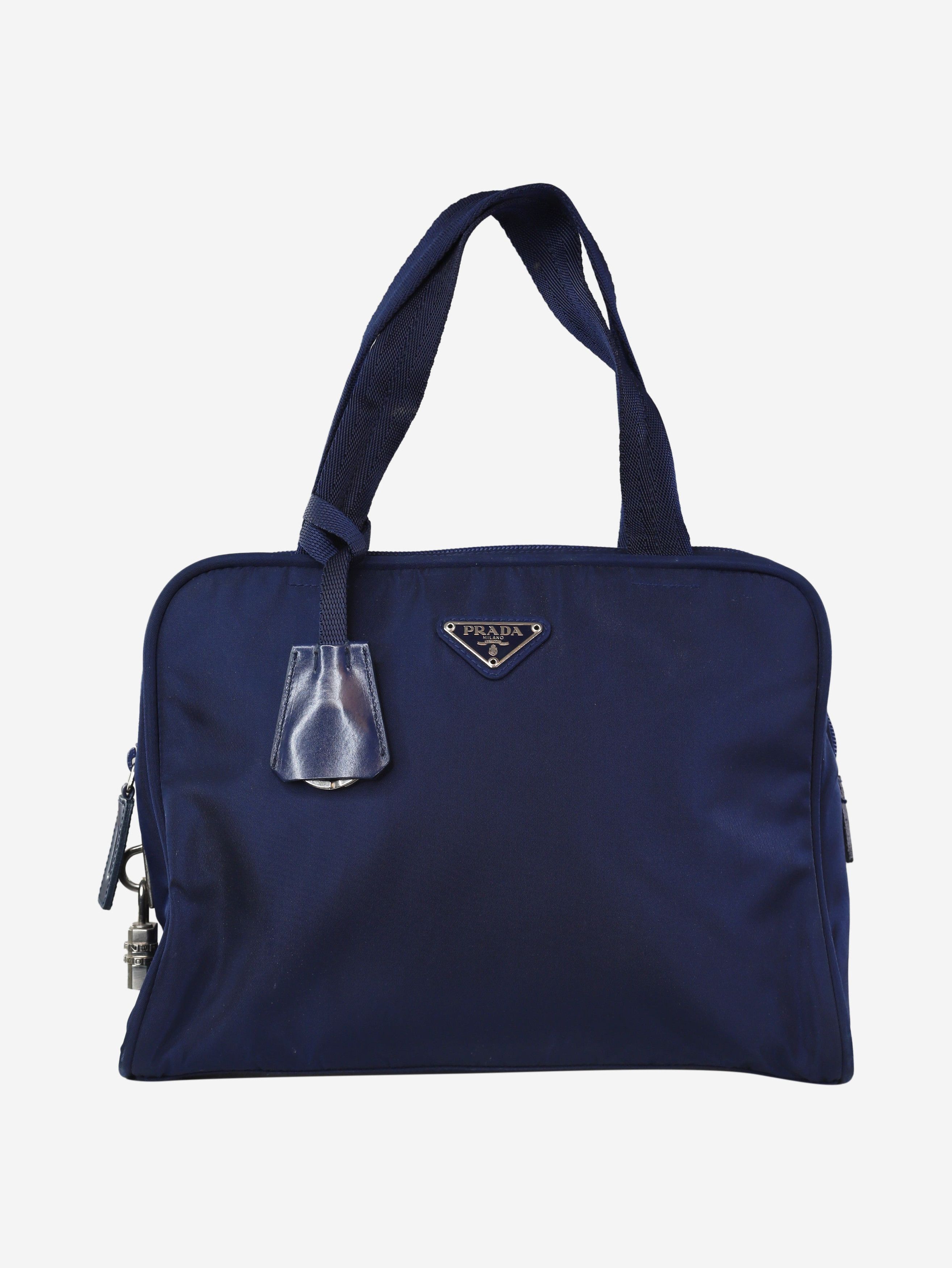 image of Prada Navy Nylon Boston Top-Handle Bag, Women's