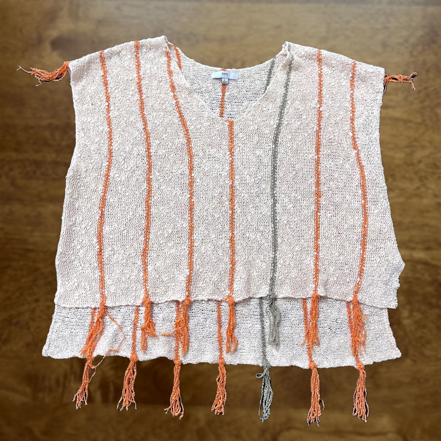 Vintage Fate Vest Sweater Womens Large Beige Orange Stripe Fringe Poncho Knit Boho Tassel Lace Tassel Size L / US 10 / IT 46 - 1 Thumbnail