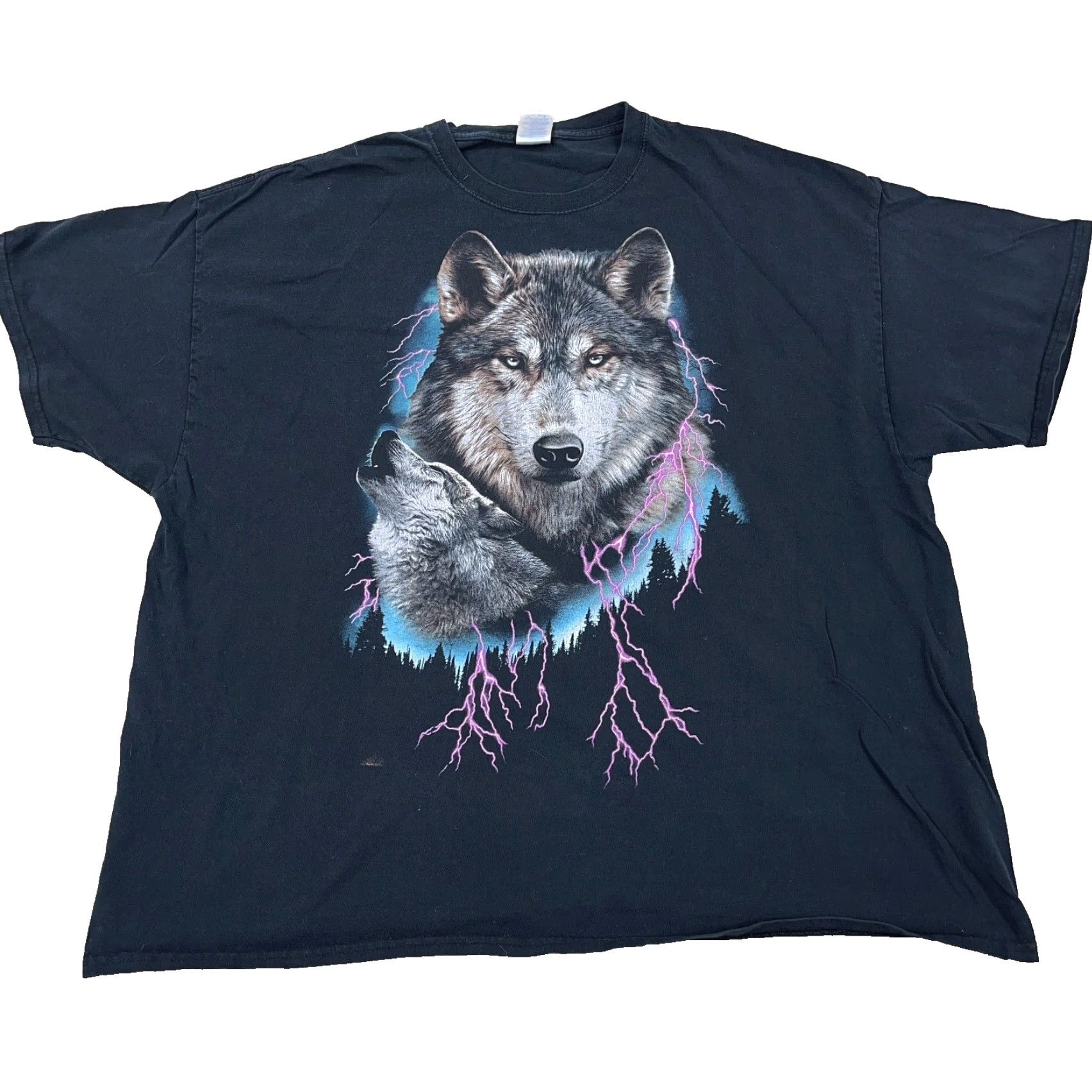 Gildan VINTAGE Gildan T-Shirt Men 3XL Black Nature Graphic Print Short Sleeve Crew Neck 80s Hipster Retro Skull Motorbike Wolf Thunder Lightning Y2K Size US XXL / EU 58 / 5 - 2 Thumbnail
