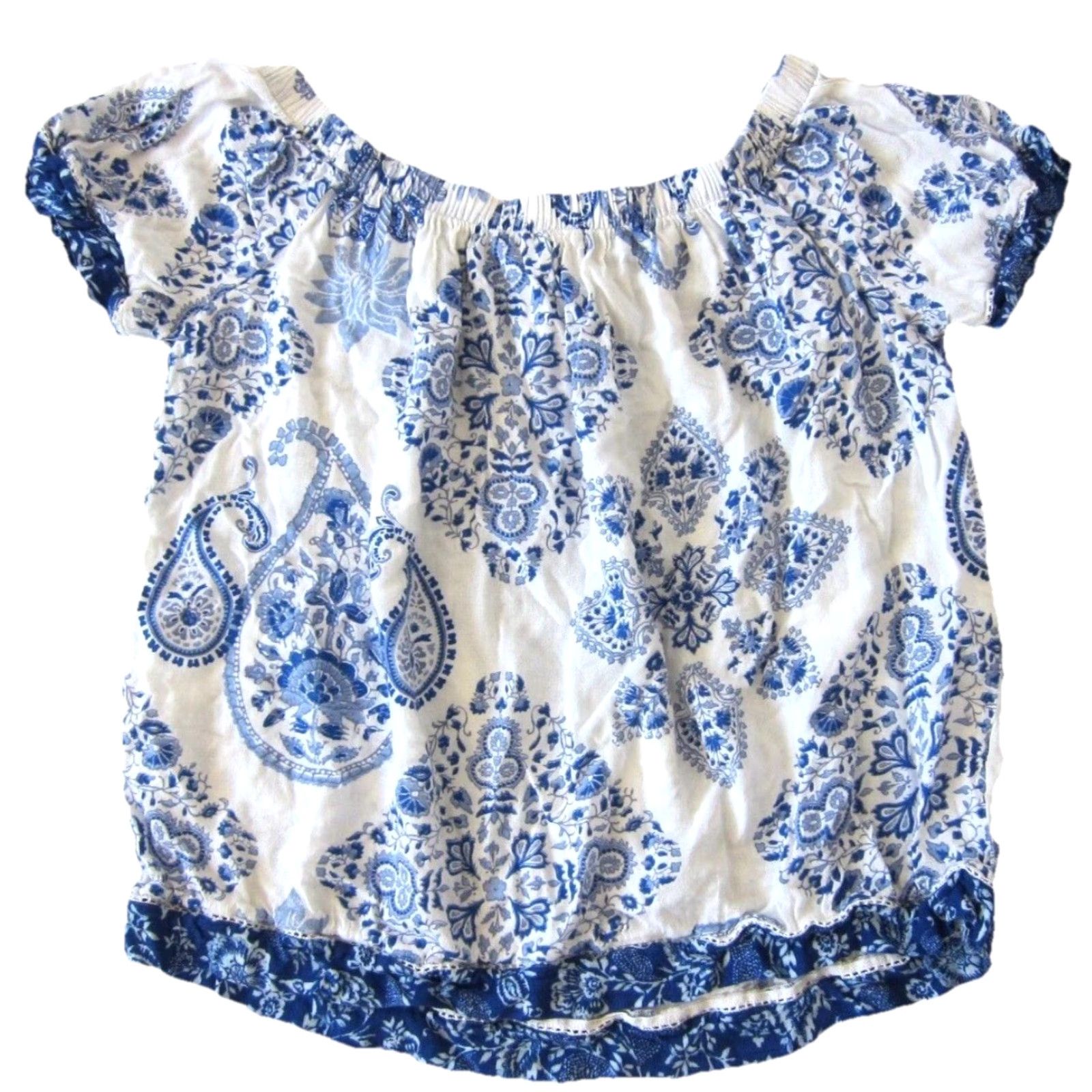 Lucky Brand Lucky Brand Off Shoulder Tunic Blouse M Women Blue White Floral 100% Rayon Peasant Shirt Size M / US 6-8 / IT 42-44 - 2 Thumbnail