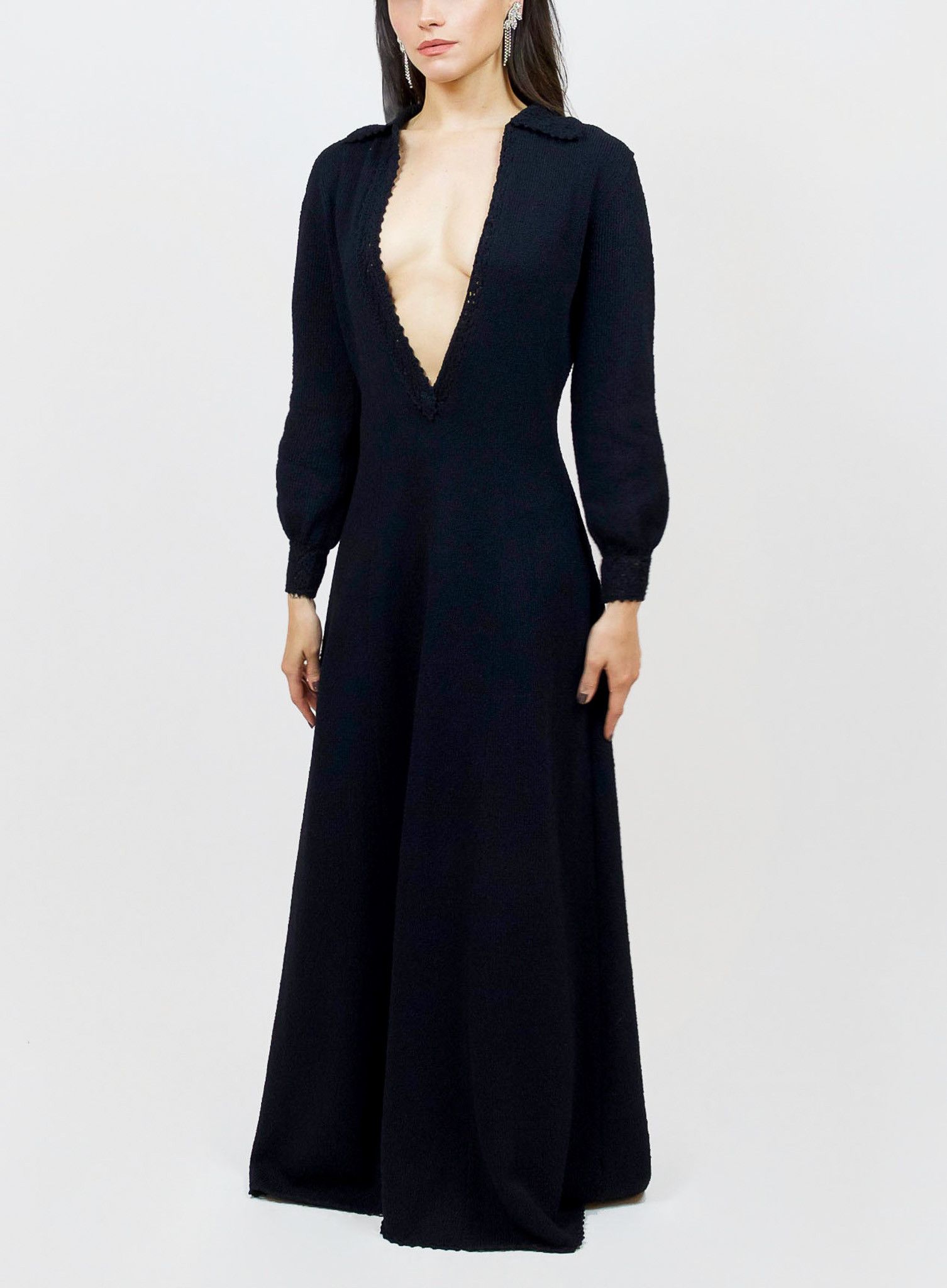 Vintage Vintage Black Deep V Dress Collared Bishop Sleeve Gown Size S / US 4 / IT 40 - 1 Thumbnail