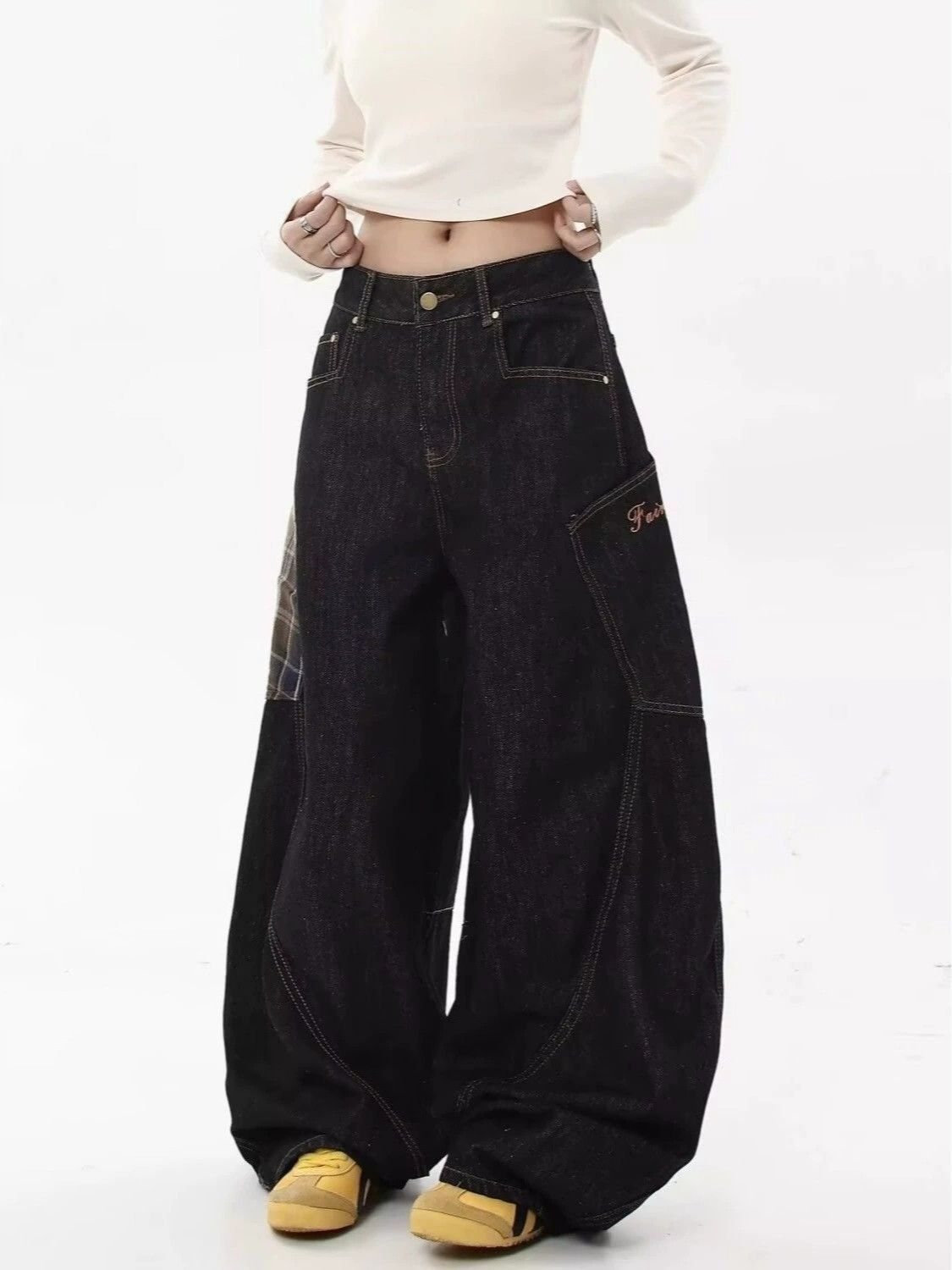 Japanese Brand Plaid Patchwork Wide Leg Raw Denim Jeans Size US 30 / EU 46 - 4 Thumbnail