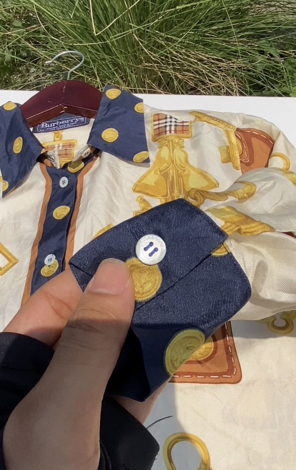 Vtg Burberry Silk Baroque Print Shirt