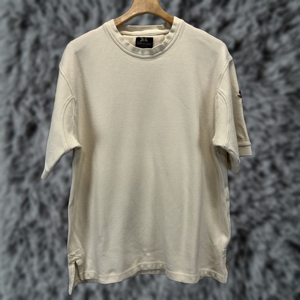 VINTAGE Willis & Geiger Knit Shirt L Men’s Beige Short Sleeve 1990s Preppy Crest Yachting Boxy