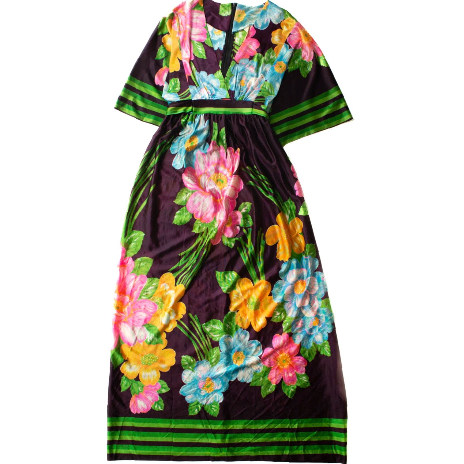 Vintage VINTAGE 1970s Hawaiian Maxi Dress Medium Brown Floral Print Boho Brown Acetate 54” Chest 15” Waist 28” Ragstock Mens Womens Girls Boys Size M / US 6-8 / IT 42-44 - 4 Thumbnail