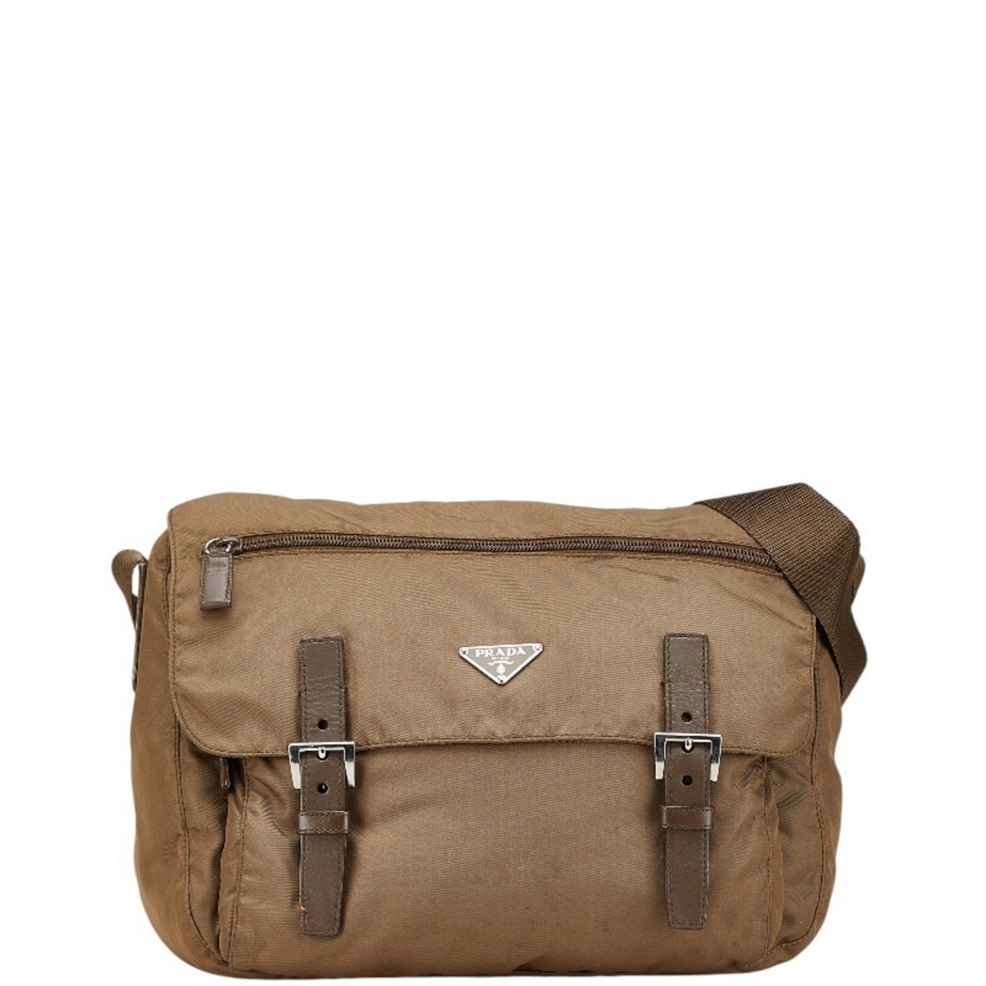 Prada Triangle Plate Shoulder Bag Bt6671 Brown Nylon Leather Women's Prada