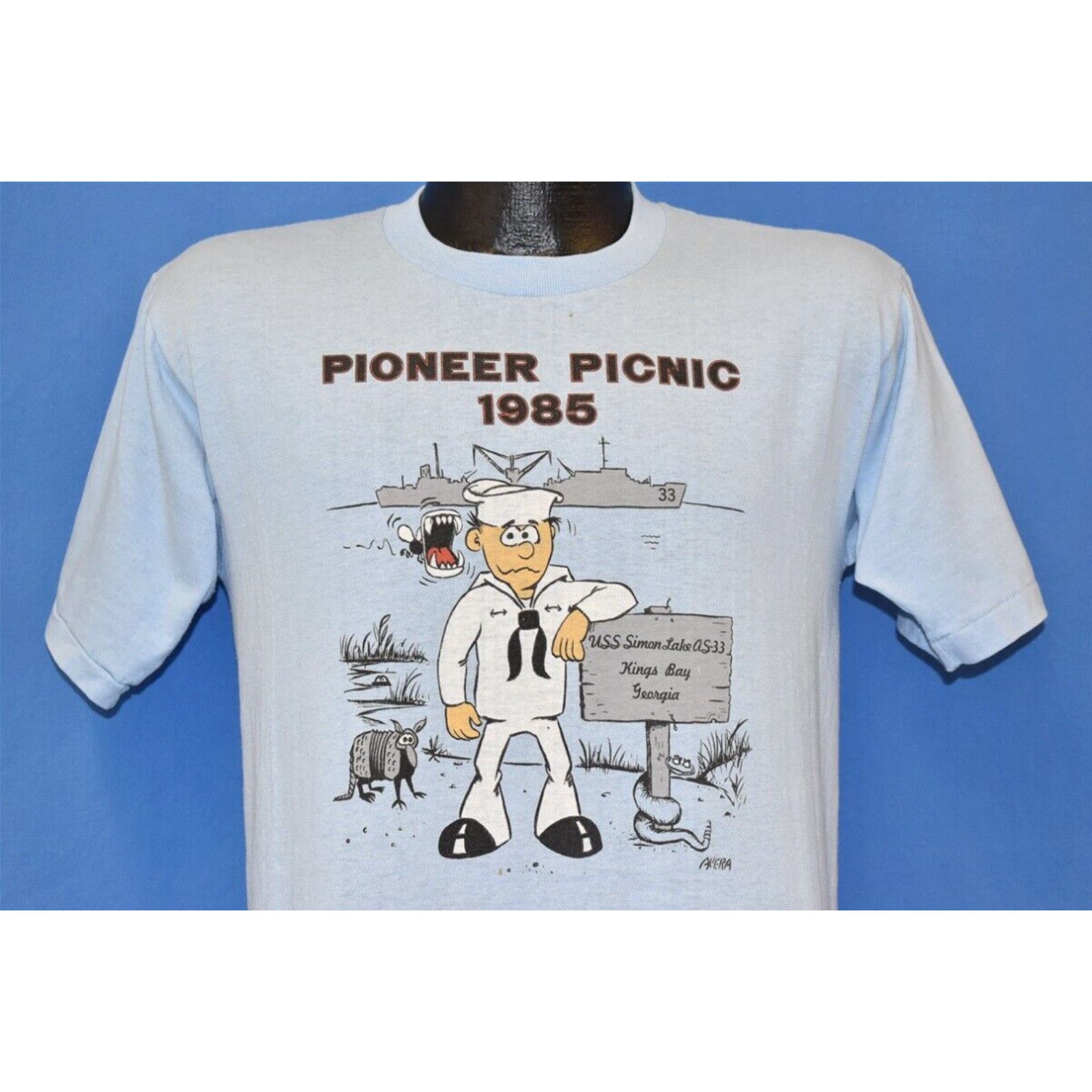 image of Simons VTG 80's Pioneer Picnic '85 Navy Uss Simon Lake As-33 Kings Bay Georgia T-Shirt M in White (