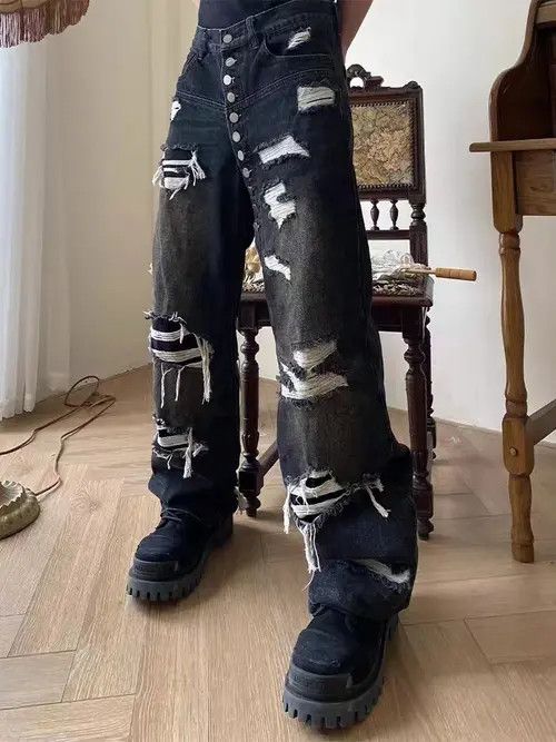 VIBE Distressed washed ripped button fly heavyweight jeans Size US 29 - 8 Thumbnail