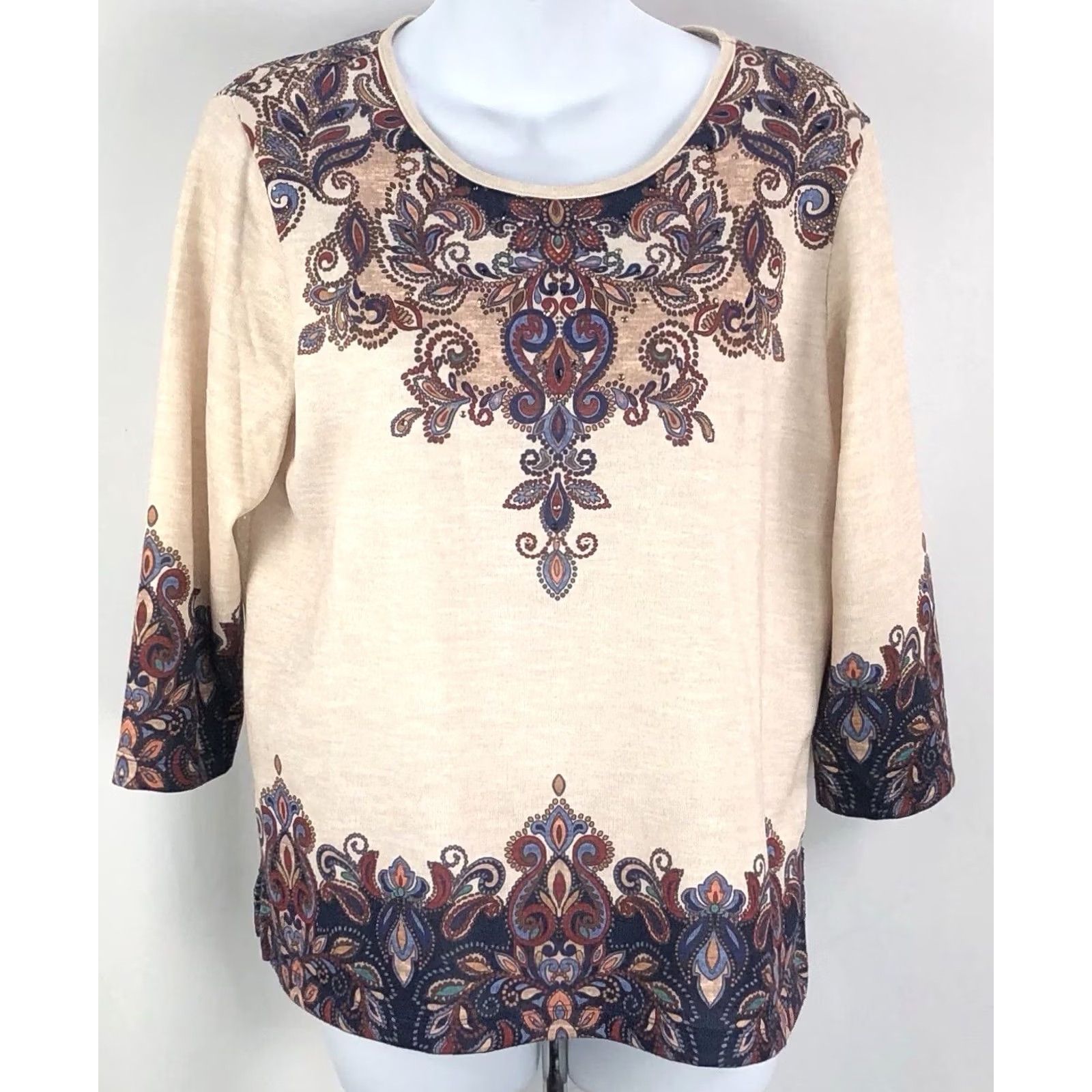 Vintage Alfred Dunner Knit Pull Over Top PM Tan Multi Geo Beaded Crochet 3/4 Sleeve Size M / US 6-8 / IT 42-44 - 5 Thumbnail