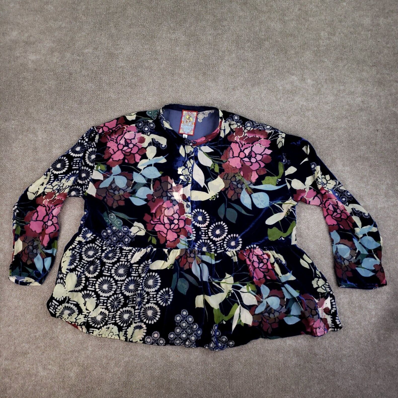 image of Johnny Was Sierra Burnout Darlyn Top Womens XL Blue Tunic Velvet Floral Sheer in White