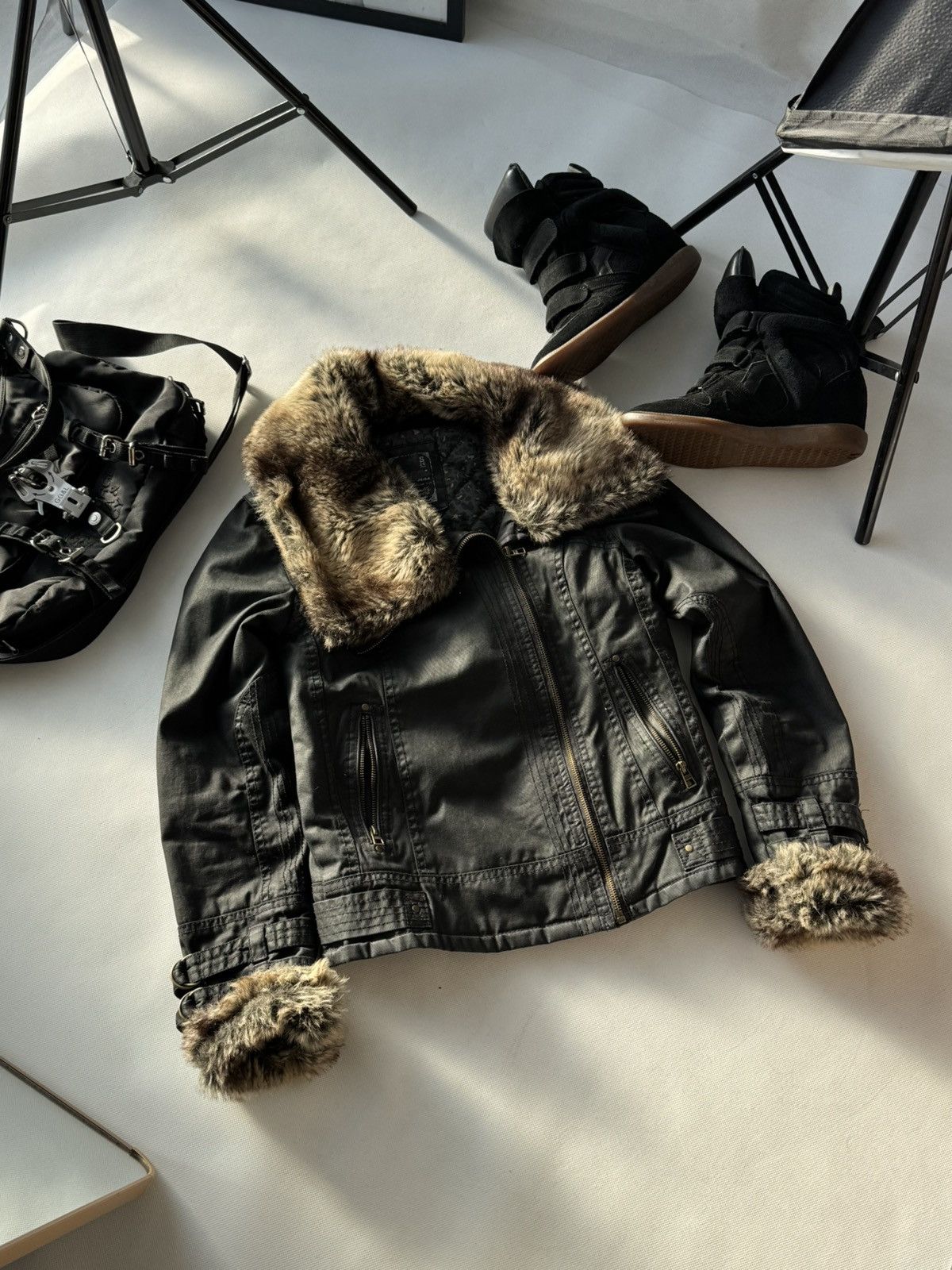 Vintage Y2K Motorcycle Fur Collar Avantgarde Jacket