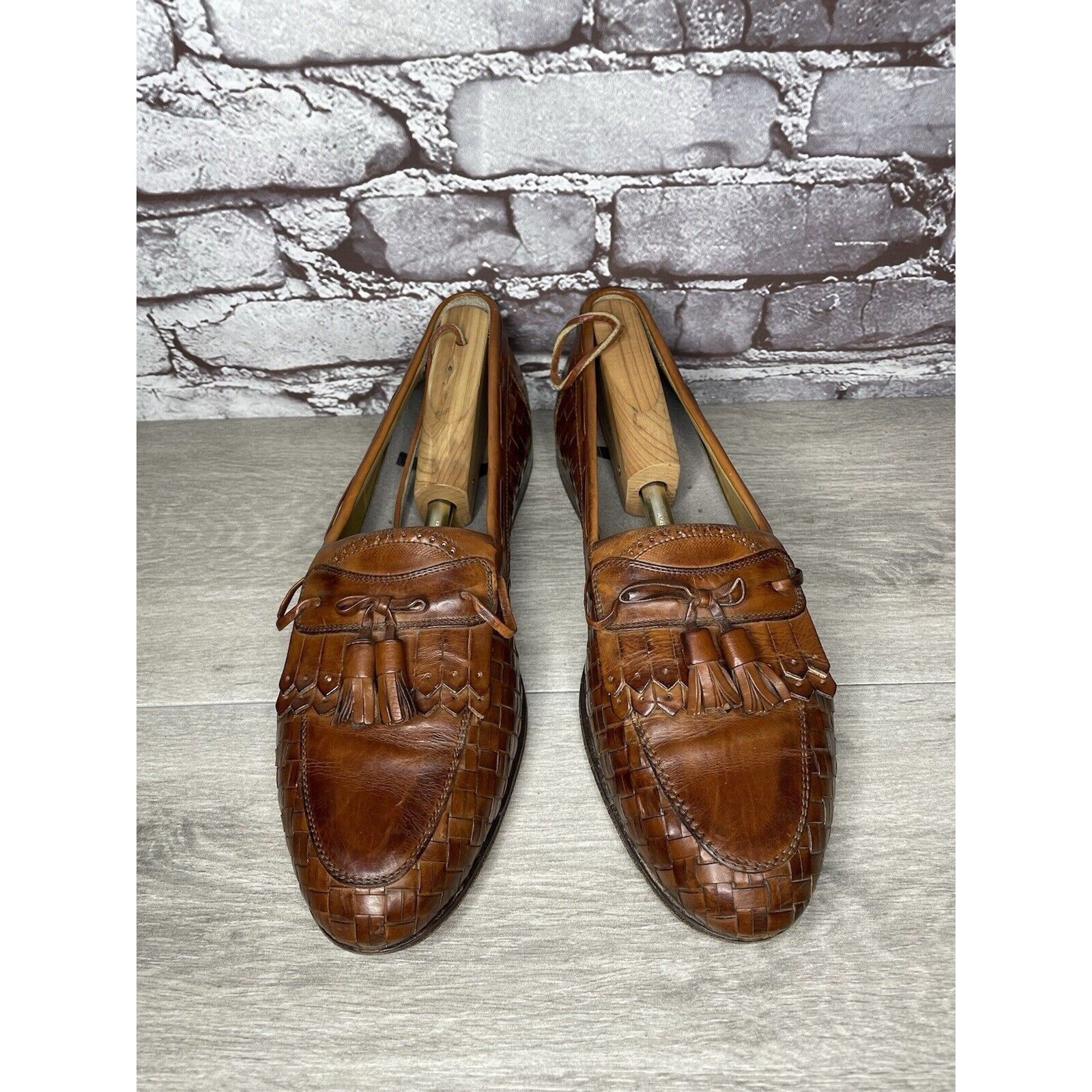 Johnston & Murphy Johnston & Murphy Brown Leather Woven Kiltie Tassel Loafers Size US 12 / EU 45 - 18 Thumbnail