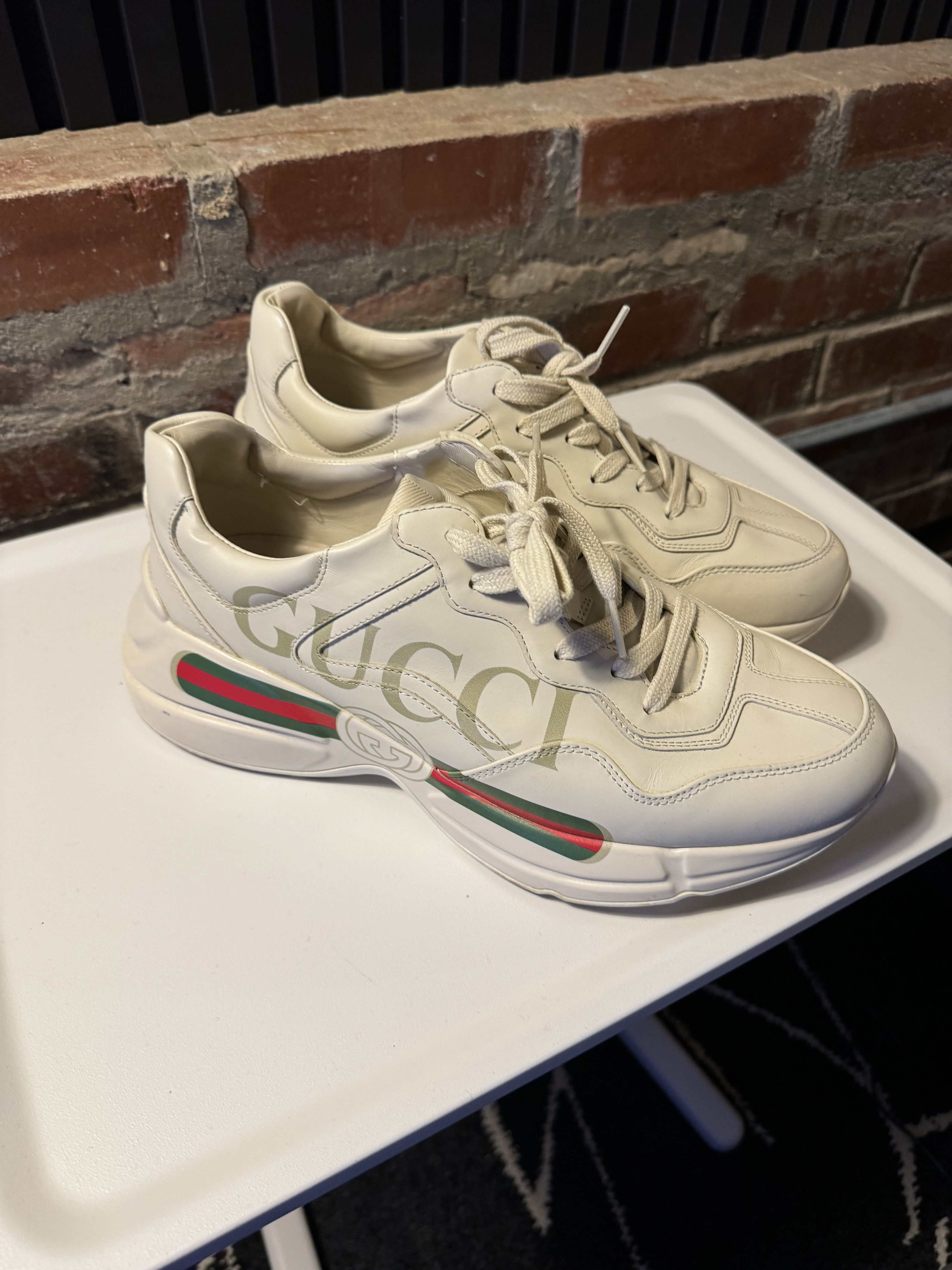 image of Men's Rhyton Gucci Logo Leather Sneaker in Ivory (Size 9.5)
