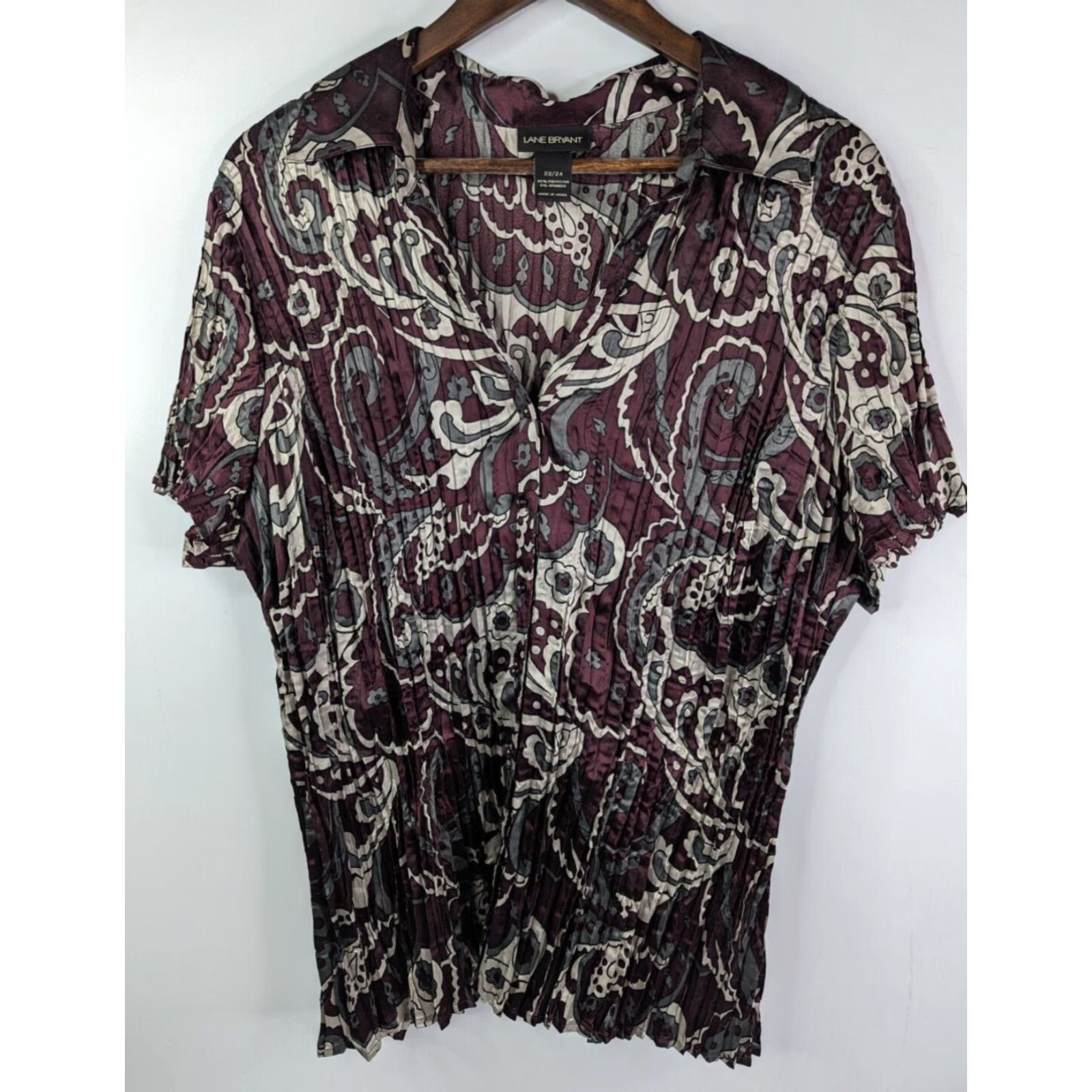 Vintage Lane Bryant Purple Paisley Crinkle Pleated Button Shirt Womens Blouse 22/24 Size 3XL / US 20-22 - 2 Thumbnail