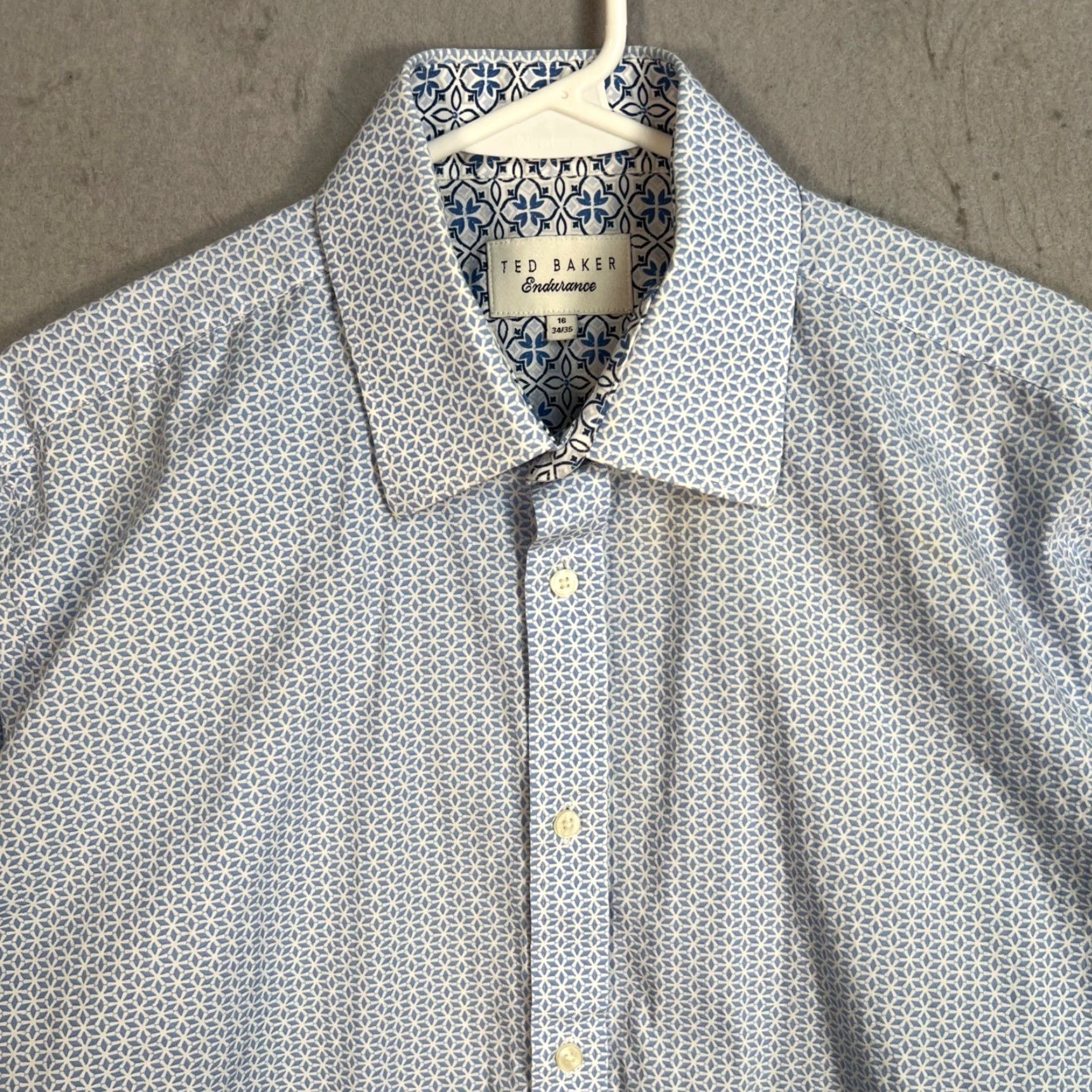 Ted Baker Ted Baker Endurance Mens Dress Shirt Geometric Pattern Blue 100% Cotton 16 34/35 Long Sleeve Button-Down Collared Regular Shirt Mens Size 42R - 5 Thumbnail