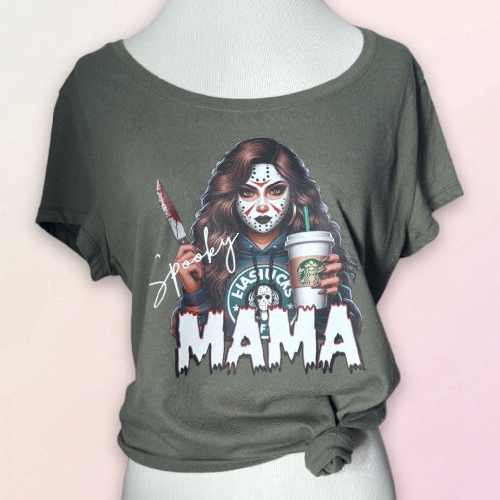 Vintage Spooky Mama, Coffee & Halloween Theme, Retro Fitted Tee Size L / US 10 / IT 46 - 1 Thumbnail