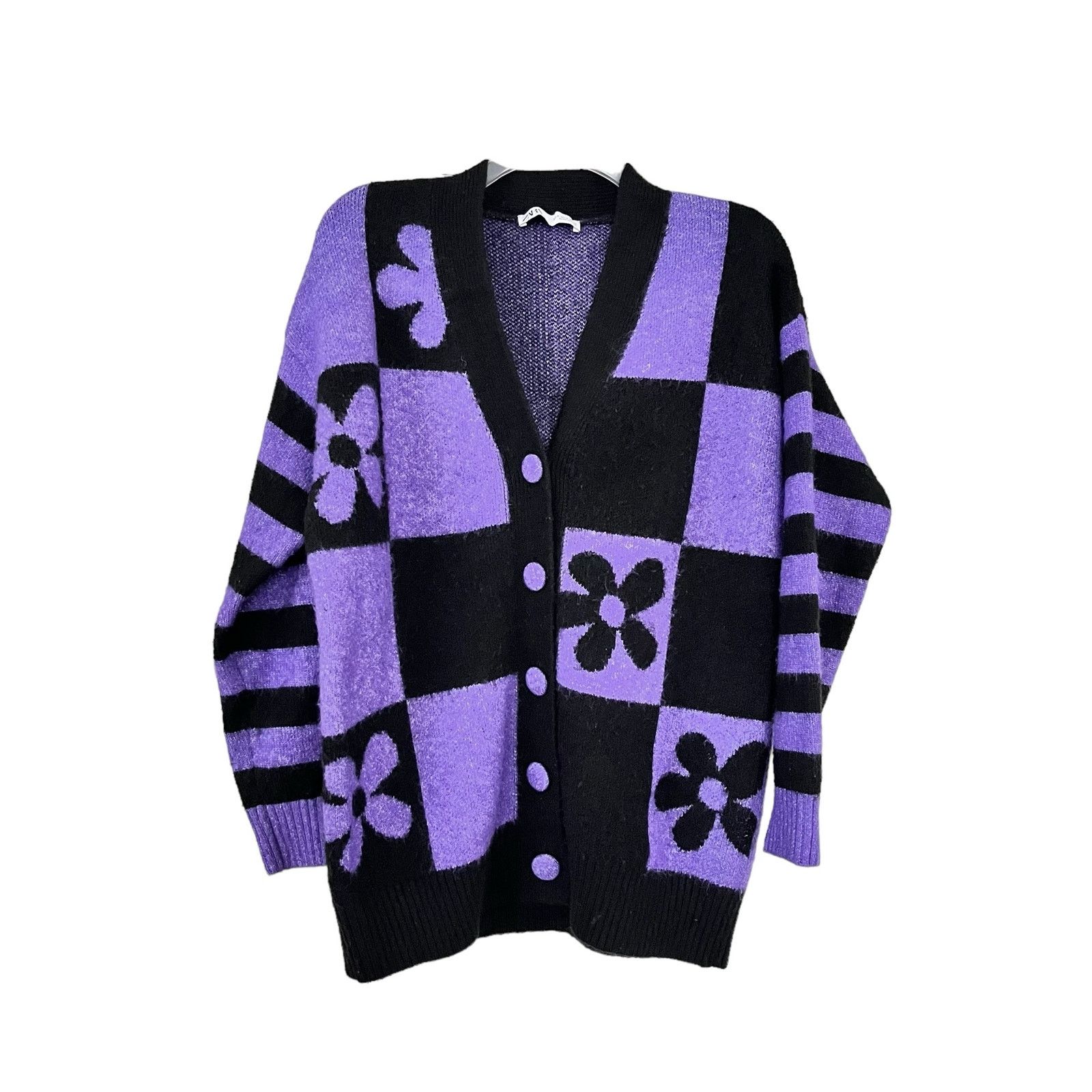 Zara Zara Purple Black Jacquard Oversized Cardigan Sweater Size S / US 4 / IT 40 - 4 Thumbnail