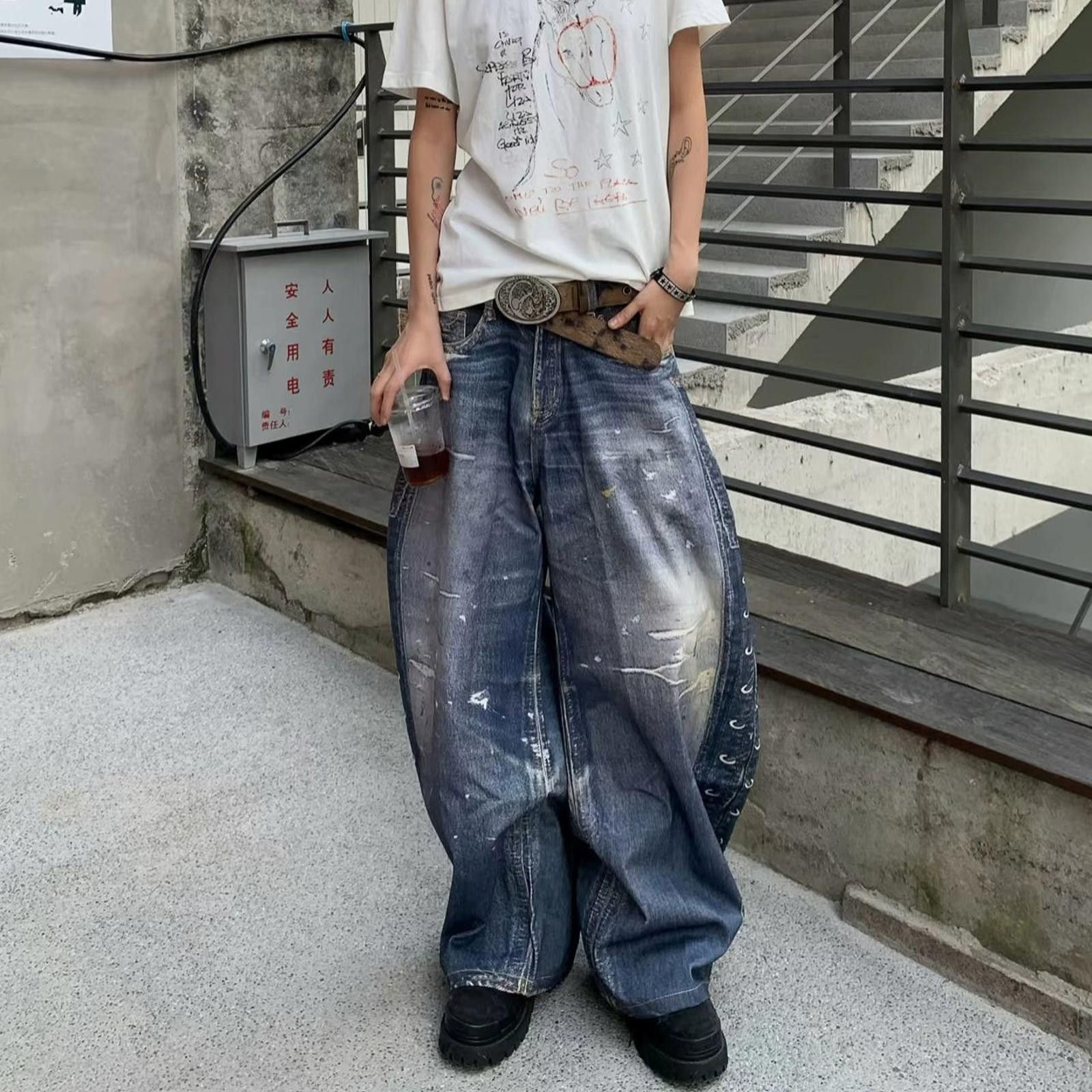 Japanese Brand Blue Distressed Baggy Wide Leg Jeans, Vintage Style Denim Size US 30 / EU 46 - 6 Thumbnail