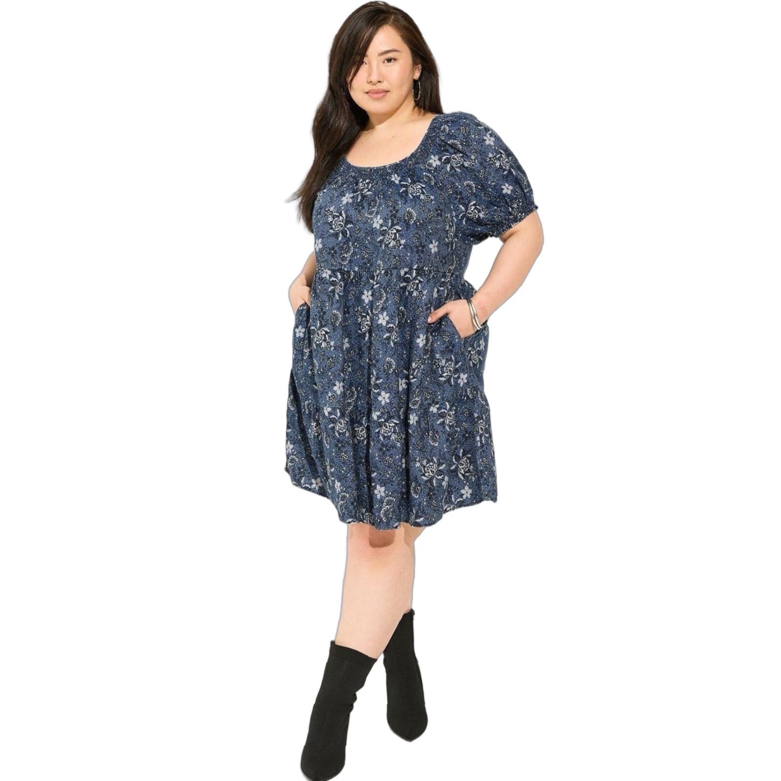 VINTAGE Torrid Plus Size 3X Blue Floral Off The Shoulder Puff Sleeve  Smocked Mini Dress Womens