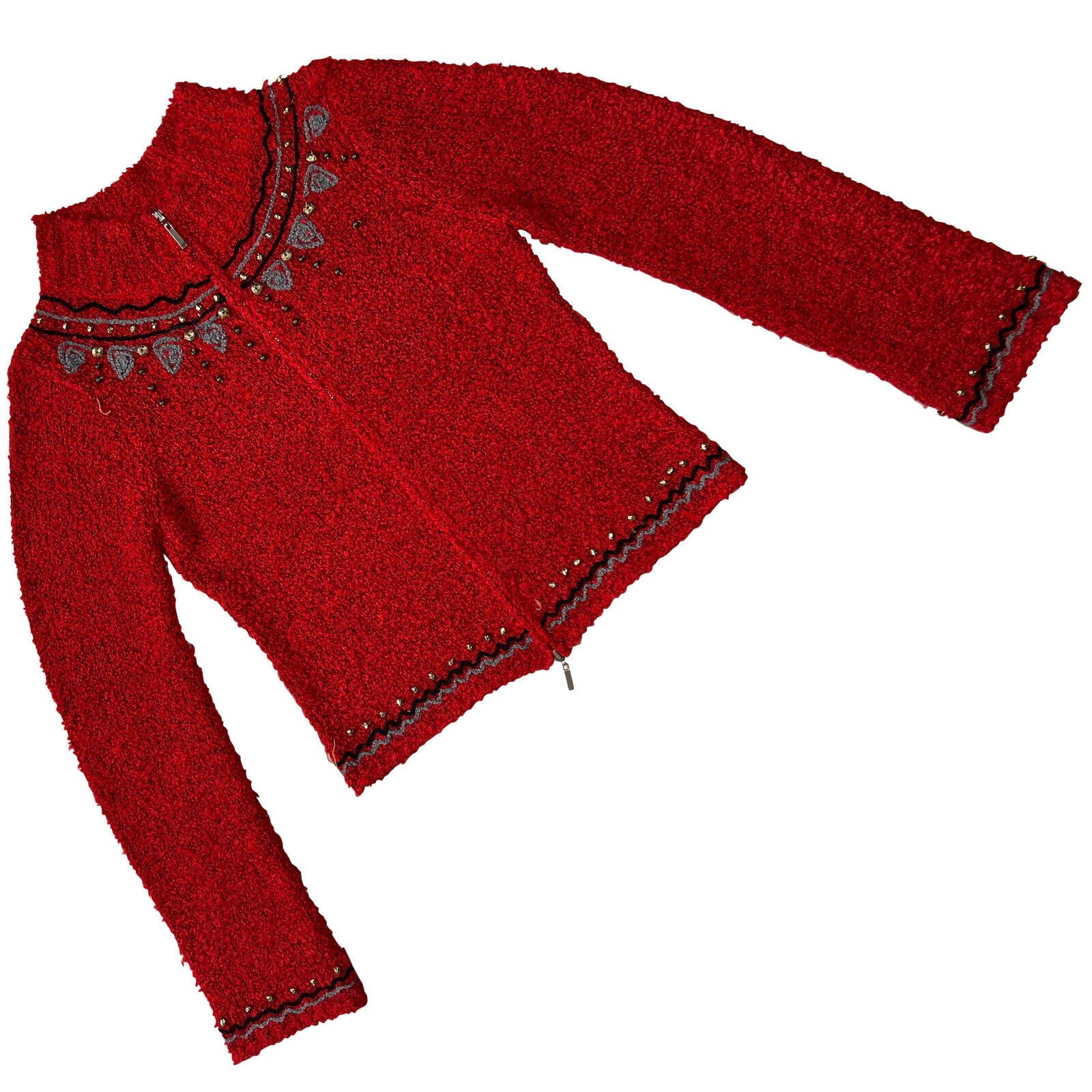 Image of Vintage Kriss (Germany) Bouclé Knit Nylon Blend Beaded Dual Zip in Red, Women's (Size Small)