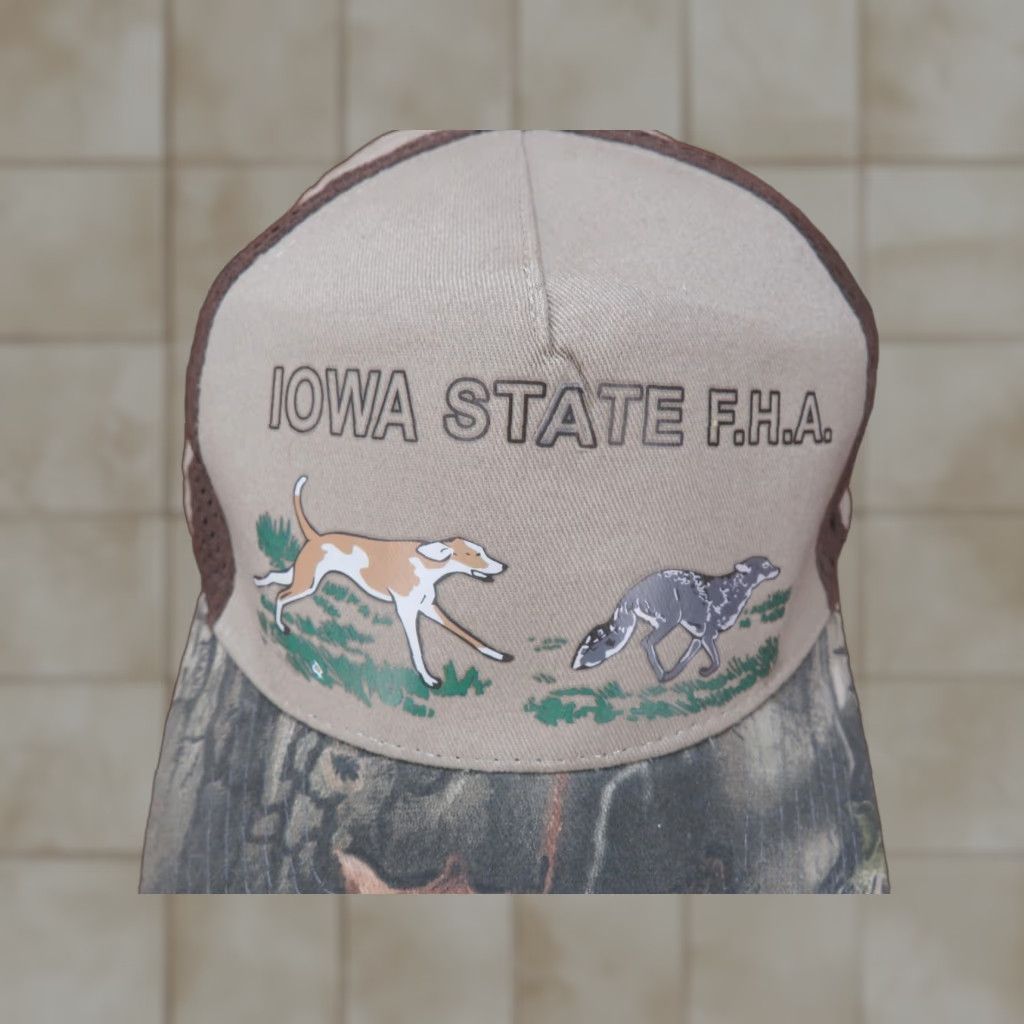 Vintage VTG Camo Iowa State F.H.A. Hound Fox Hunting Baseball Trucker Cap Hat HaT Adjustable Snapback Size ONE SIZE - 1 Thumbnail