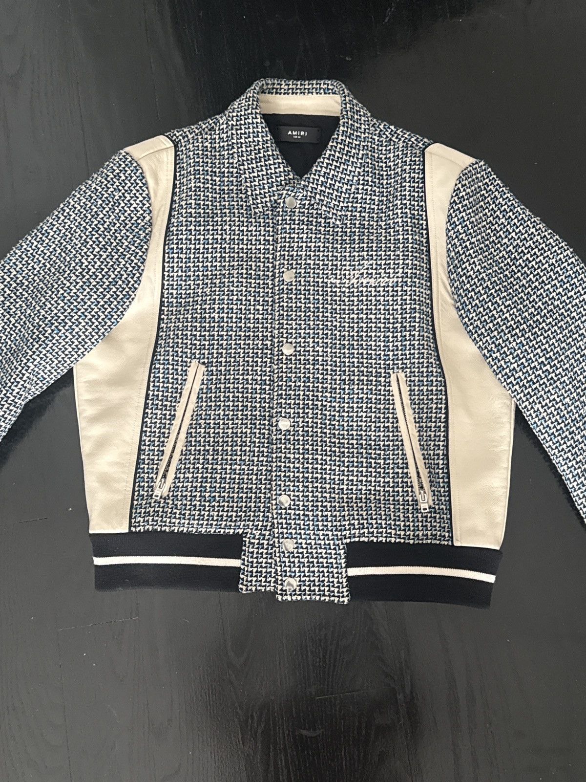 Amiri Amiri Bouclé & Leather Varsity Jacket – Navy/Cream – Size 50 Size US M / EU 48-50 / 2 - 1 Thumbnail