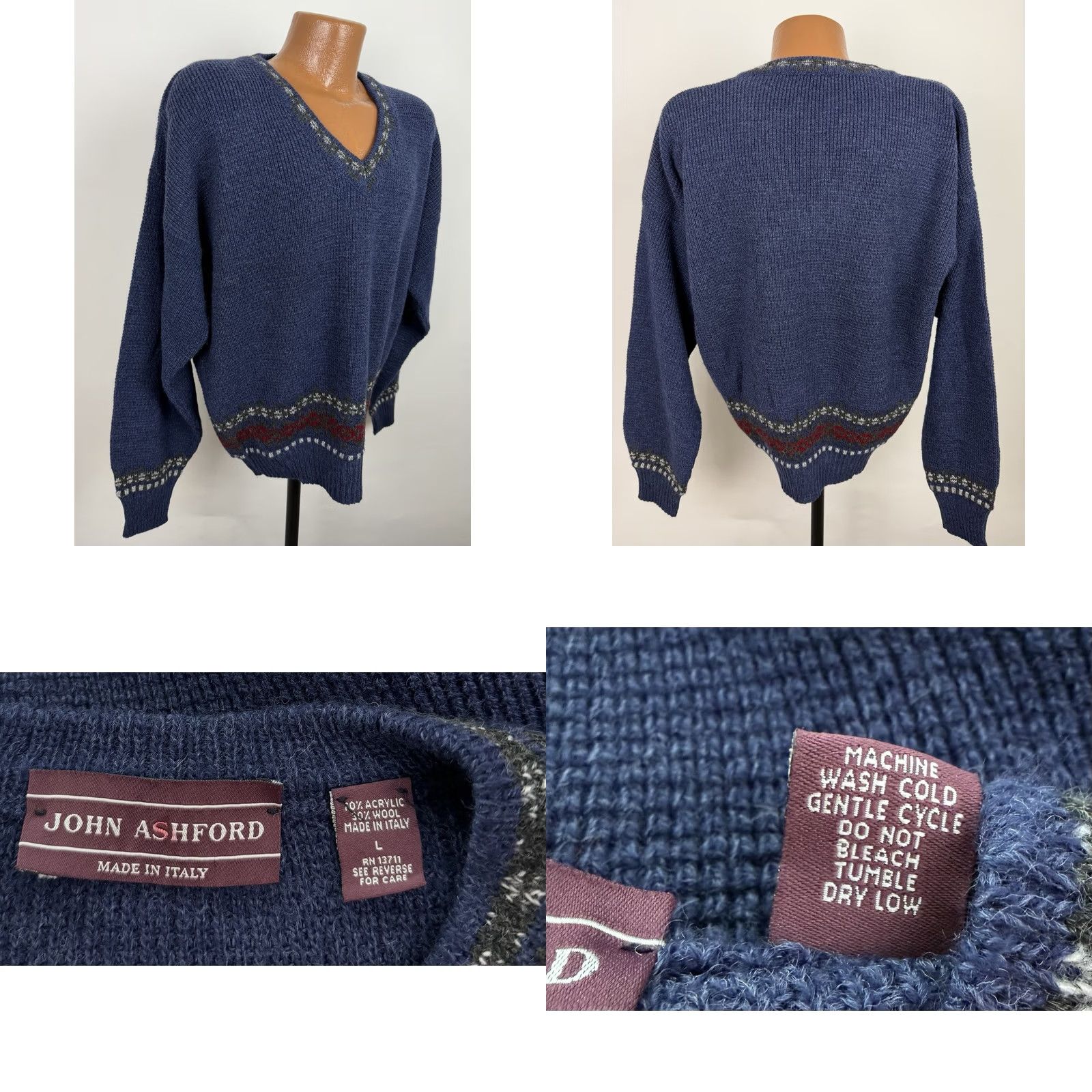 Vintage VINTAGE John Ashford Sweater Mens Large V-Neck Navy Blue Wool Blend Knit Fair Isle 90s Ski Pullover"} Size US L / EU 52-54 / 3 - 8 Thumbnail