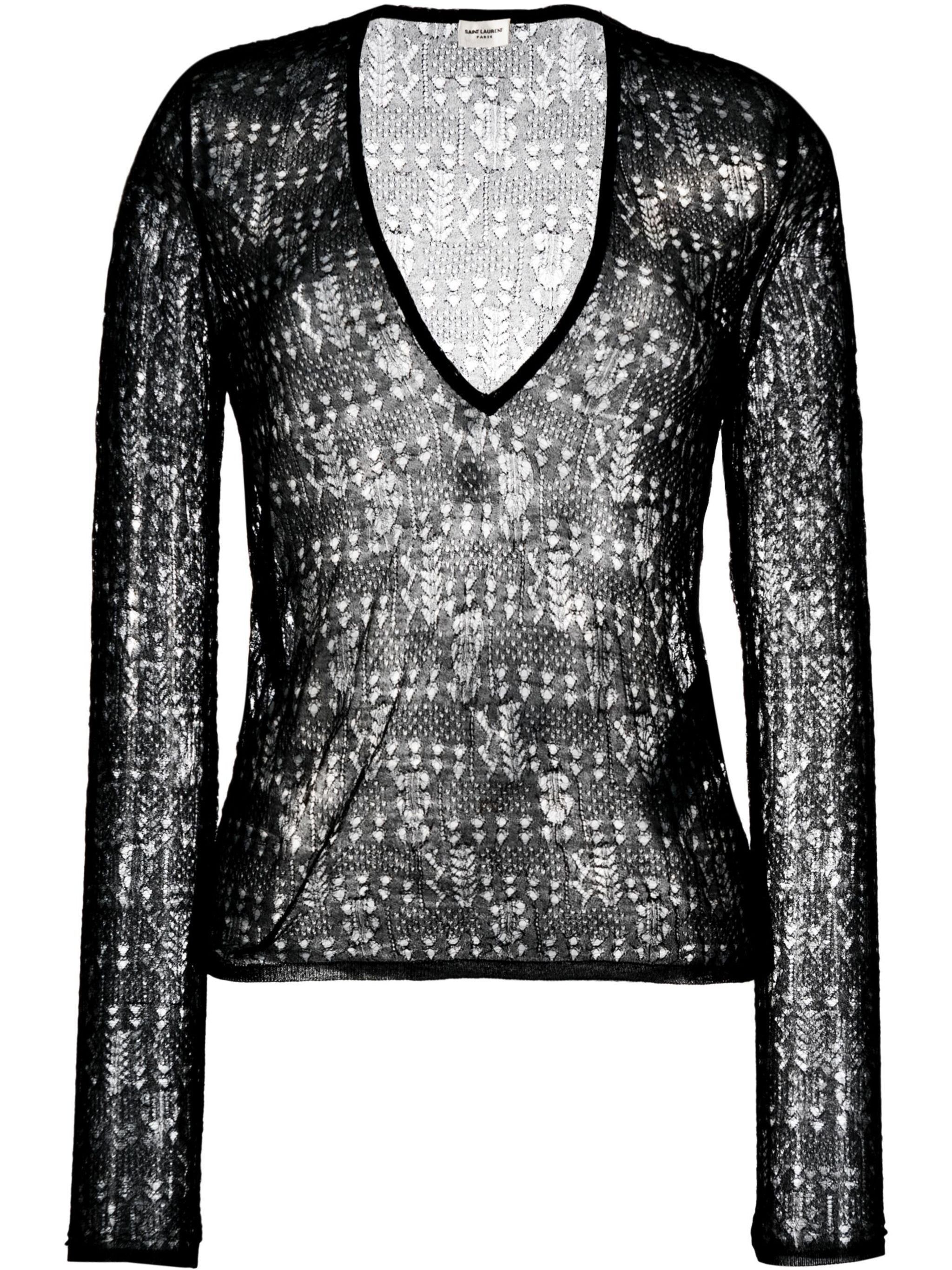 image of Saint Laurent Paris Oc11Z10524 Open-Knit Semi-Sheer Top In Black, Women's (Size Large)