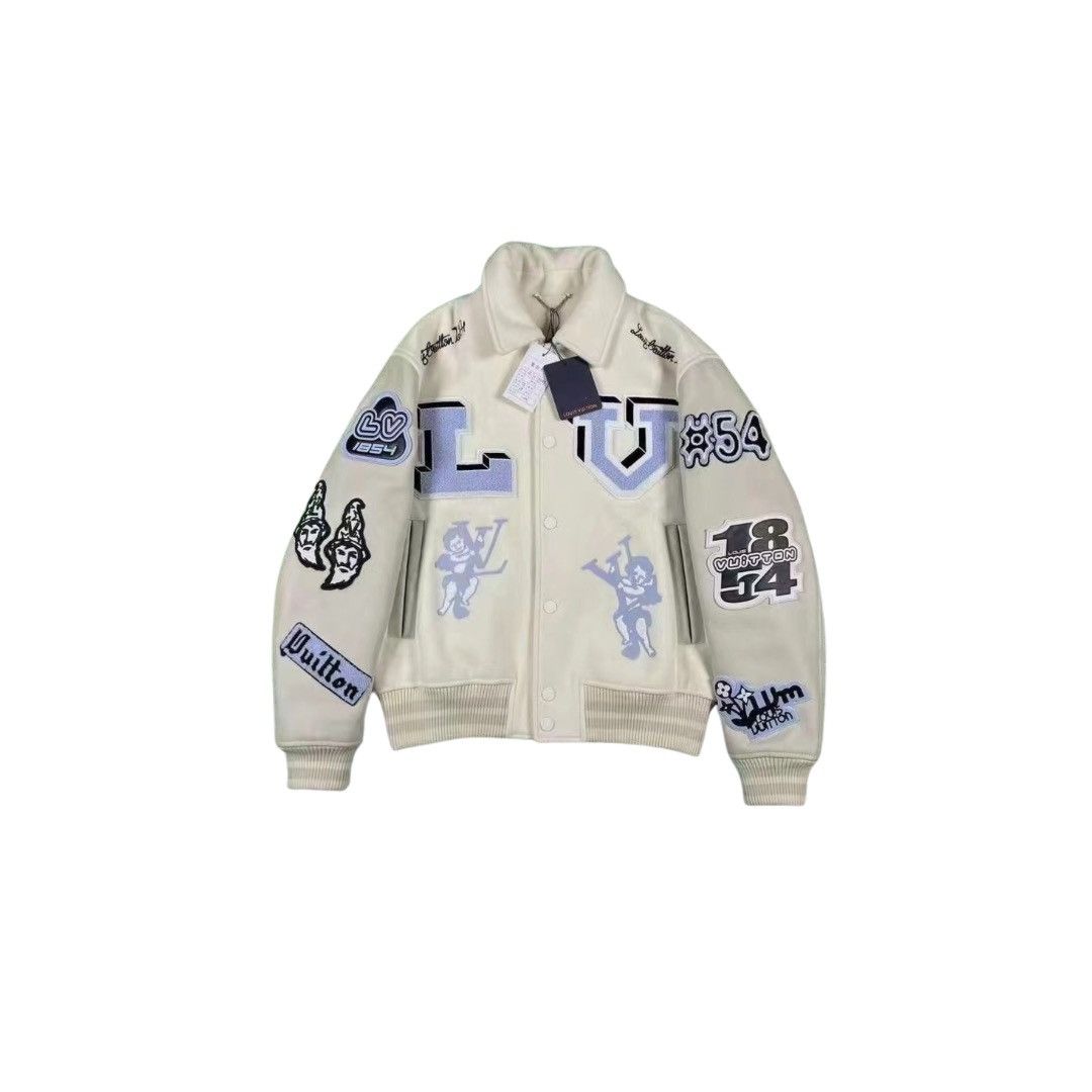 Louis Vuitton × Virgil Abloh Louis Vuitton White Leather Varsity Jacket |  Grailed