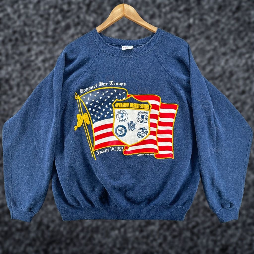 Hanes VINTAGE Hanes Sweatshirt Blue Mens 2XL Operation Desert Storm Support Our Troops Crew Neck Long Sleeve Pullover Graphic Print 90s Mens Size US XXL / EU 58 / 5 - 1 Thumbnail