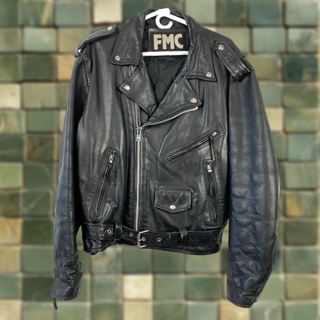Vintage VINTAGE FMC Leather Black Silver Moto Jacket 46 Men’s 90s Biker Riding Short Zip Full Zip Size US S / EU 44-46 / 1 - 1 Thumbnail