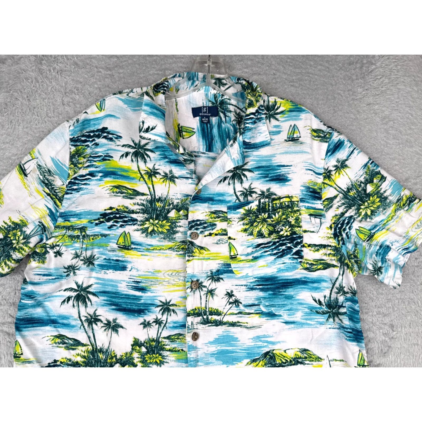 George George Shirt Adult Large White Floral Hawaiian Button Up Rayon Mens Size US L / EU 52-54 / 3 - 4 Thumbnail