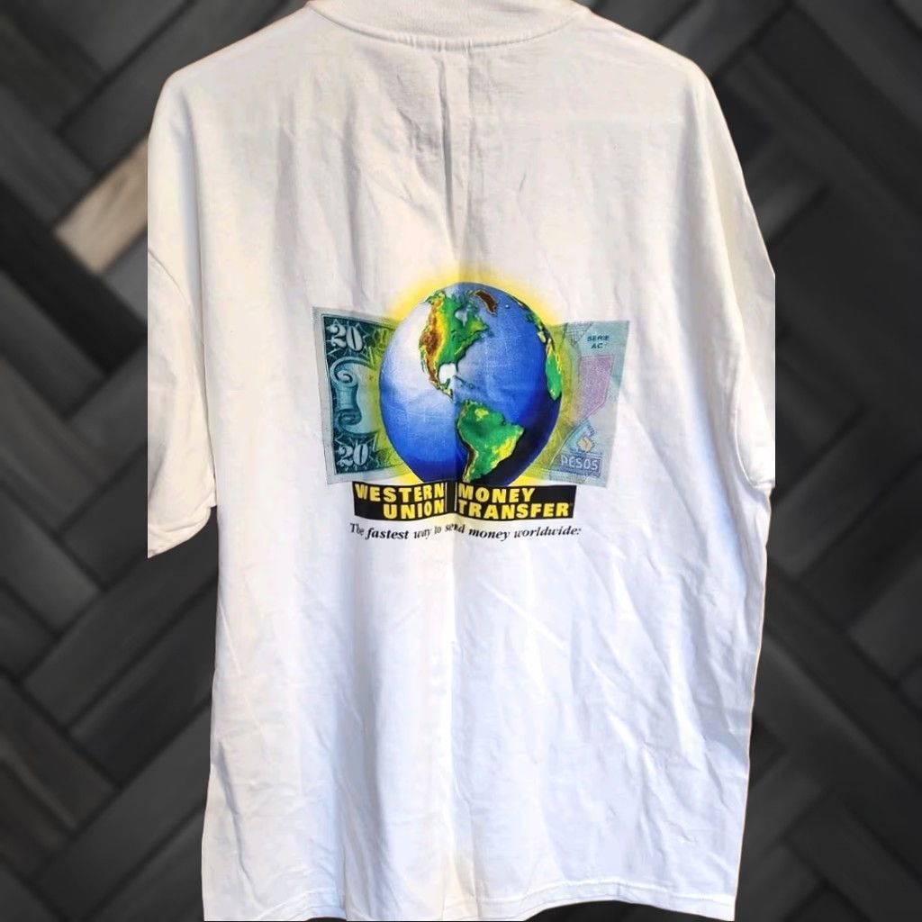 Hanes VINTAGE Hanes Western Union Money Transfer T Shirt Men's XL Double Sided White Cotton Graphic Print 90s Retro Money Theme Mens Size US XL / EU 56 / 4 - 1 Thumbnail