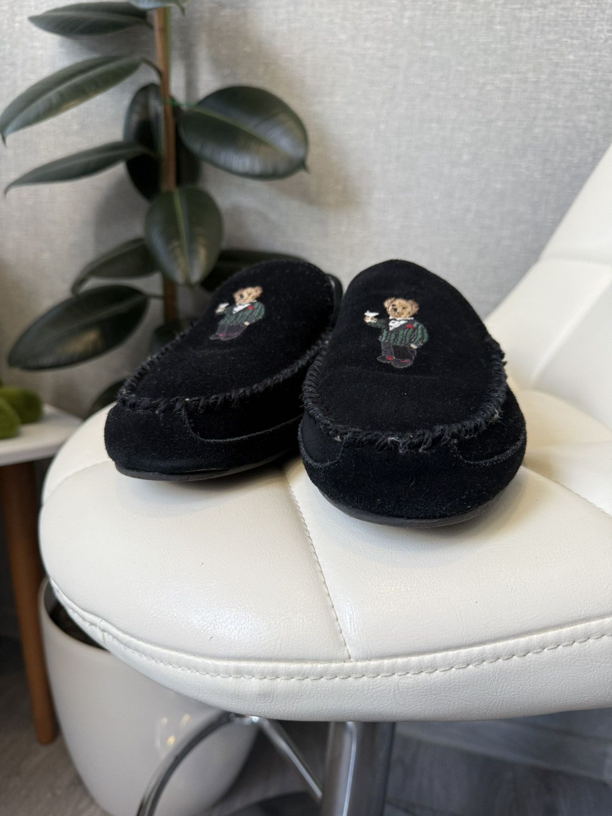 Polo Ralph Lauren Polo Bear Moccasin Slippers Mens Black Suede Shearling Shoes Size US 12 / EU 45 - 15 Thumbnail