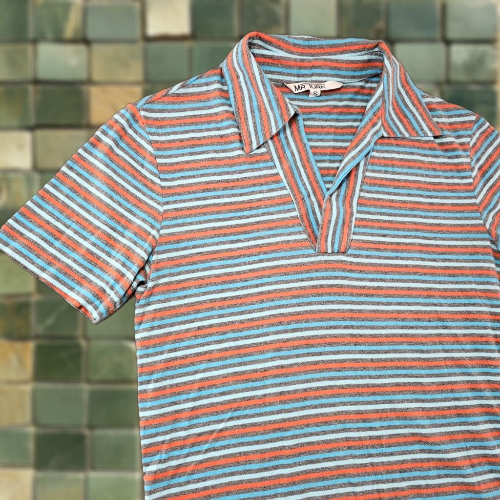 Mr Turk MR TURK Shirt Mens Small Blue Orange Striped Cotton Pullover Made USA Retro Polo Short Sleeve Collared Vintage No Size US S / EU 44-46 / 1 - 1 Thumbnail