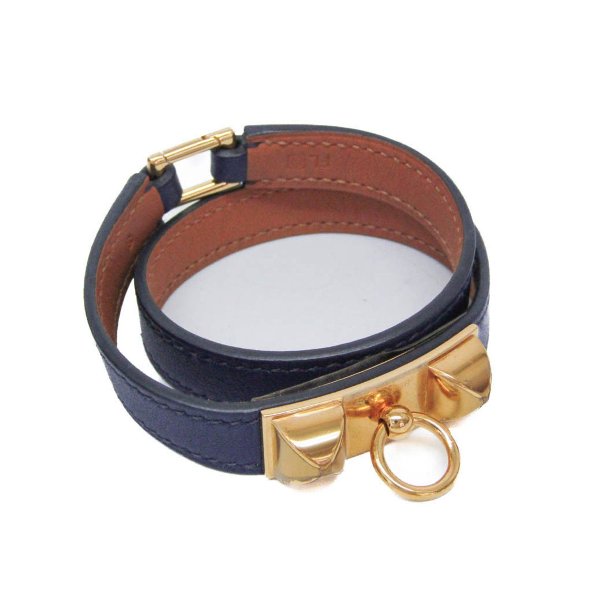 Hermes Hermes Rivale Double Tour Leather,Metal Wrap Bracelet Gold,Navy Size ONE SIZE - 1 Thumbnail